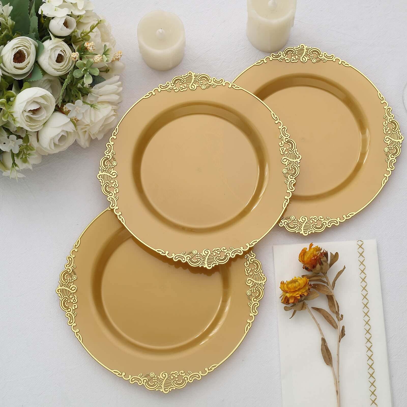 10-Pack Plastic 8 Round Dessert Plates in Gold with Leaf Embossed Rim - Disposable Vintage Baroque Style Salad Plates for Luxurious Gatherings & Events