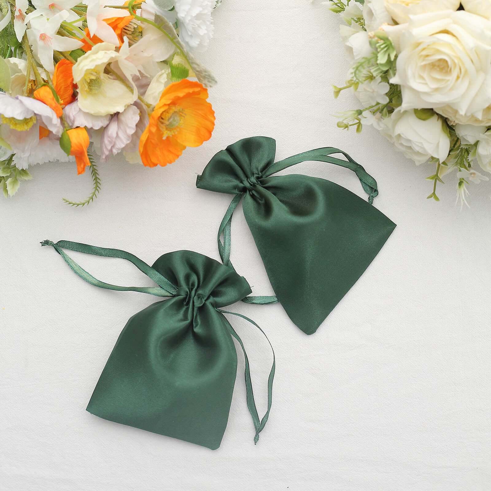 12 Pack 4x6 Hunter Emerald Green Satin Wedding Party Favor Bags, Drawstring Pouch Gift Bags