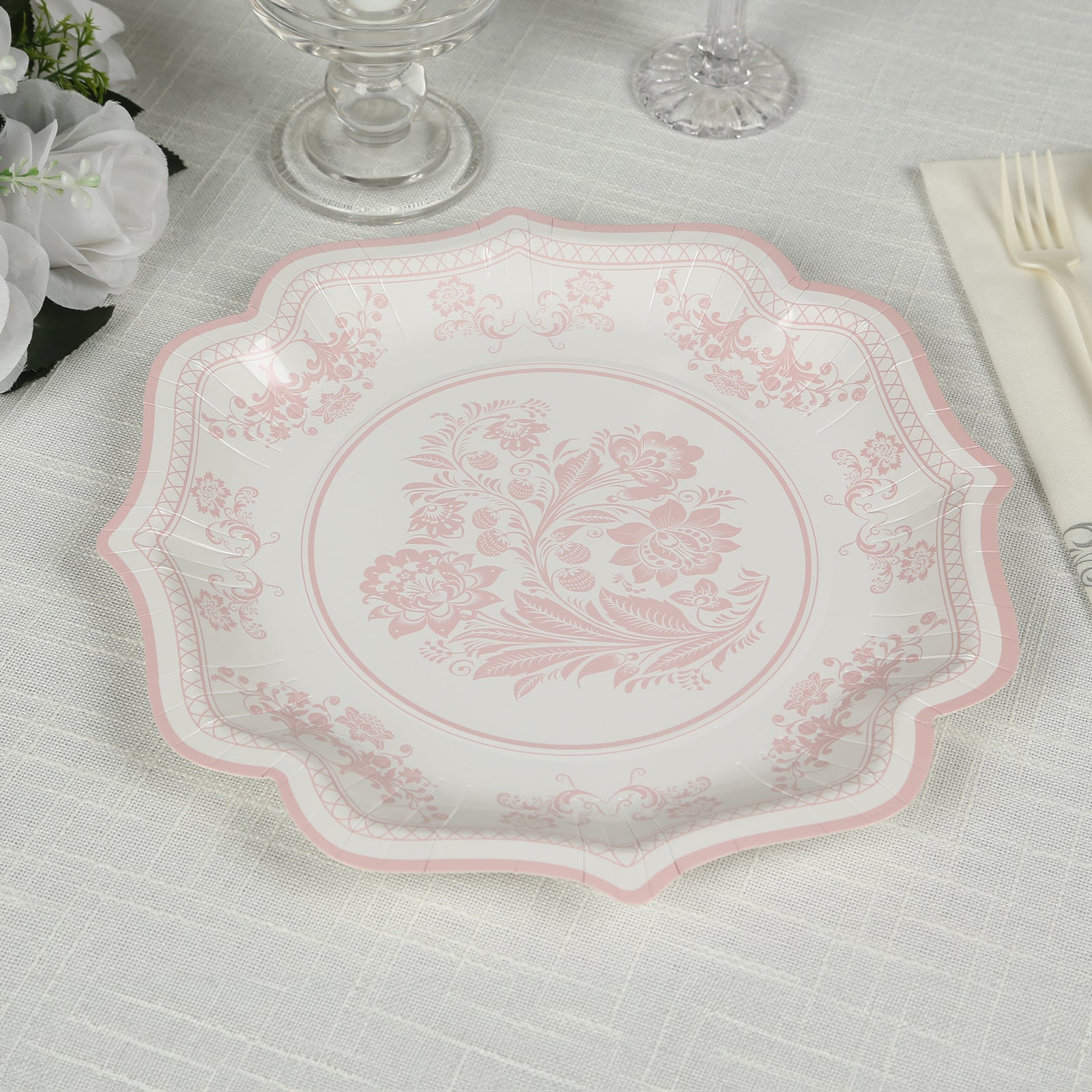 25-Pack Paper Dessert Plates in White with Pink French Toile Print & Scallop Rim - Stylish Disposable 300GSM Floral Salad Appetizer Plates 8