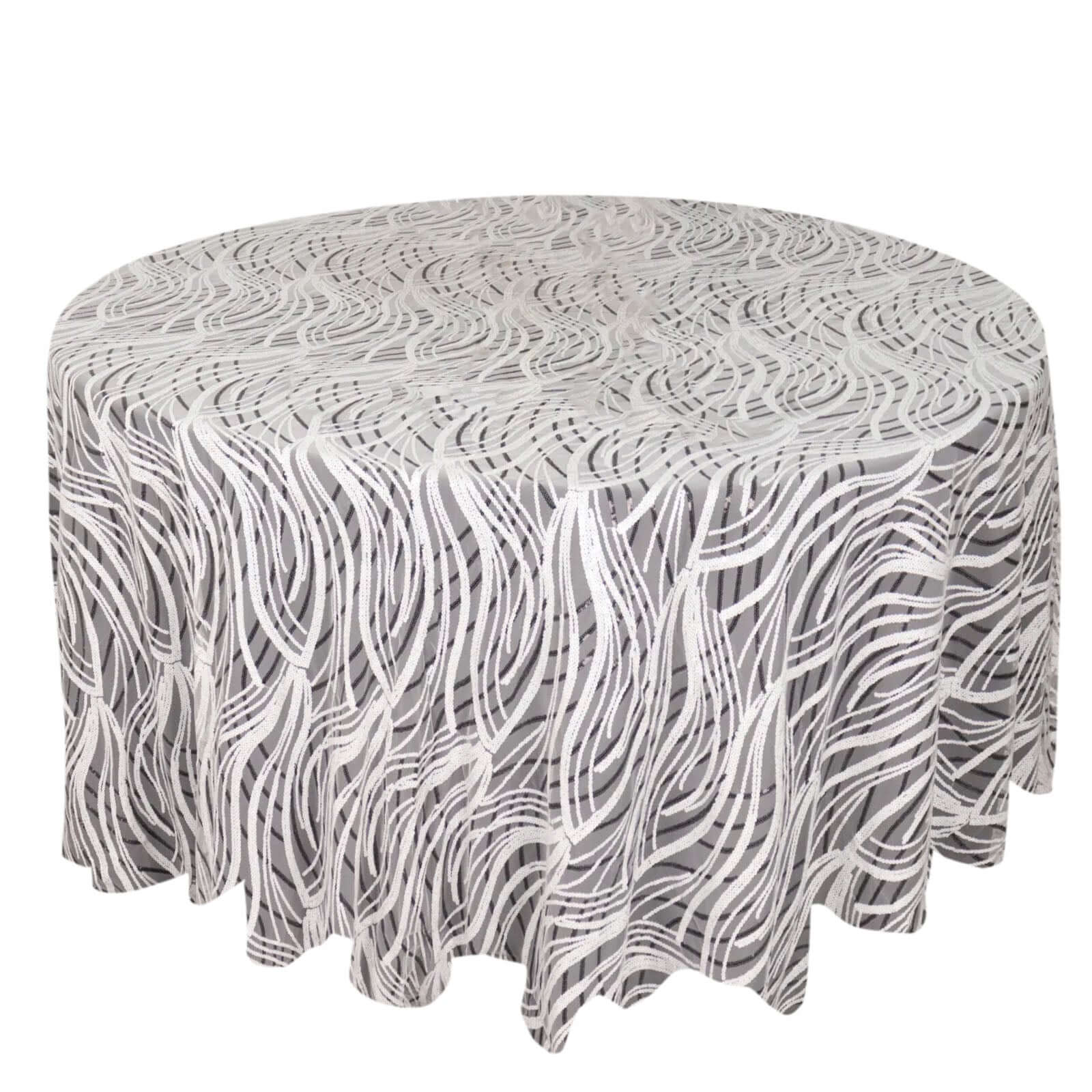 Sequin Mesh 120 Round Tablecloth White Black - Seamless Wave Embroidered Table Cover