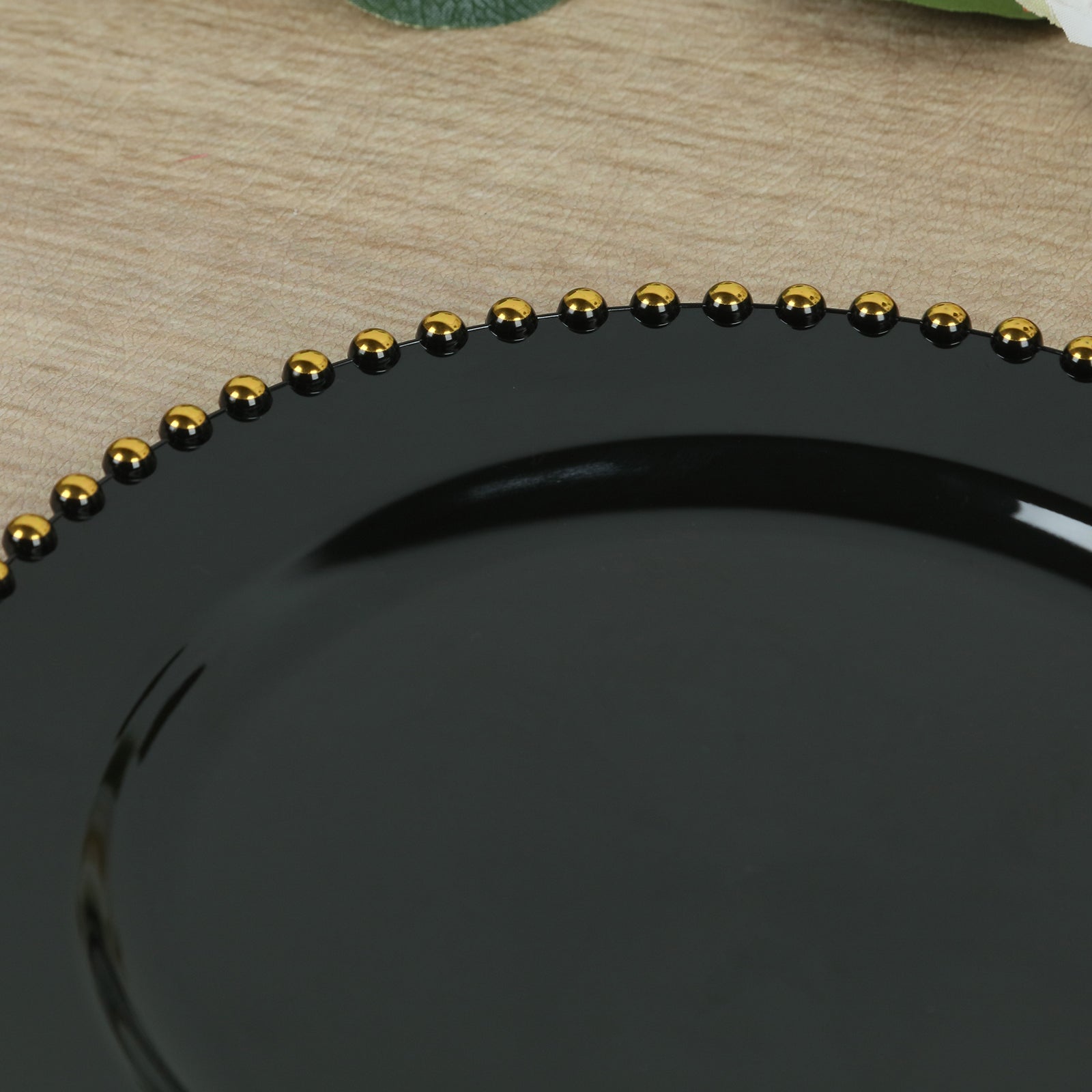 10-Pack Plastic 10 Round Dinner Plates in Black with Gold Beaded Rim - Disposable Party Plates for Banquets & Festive Occasions