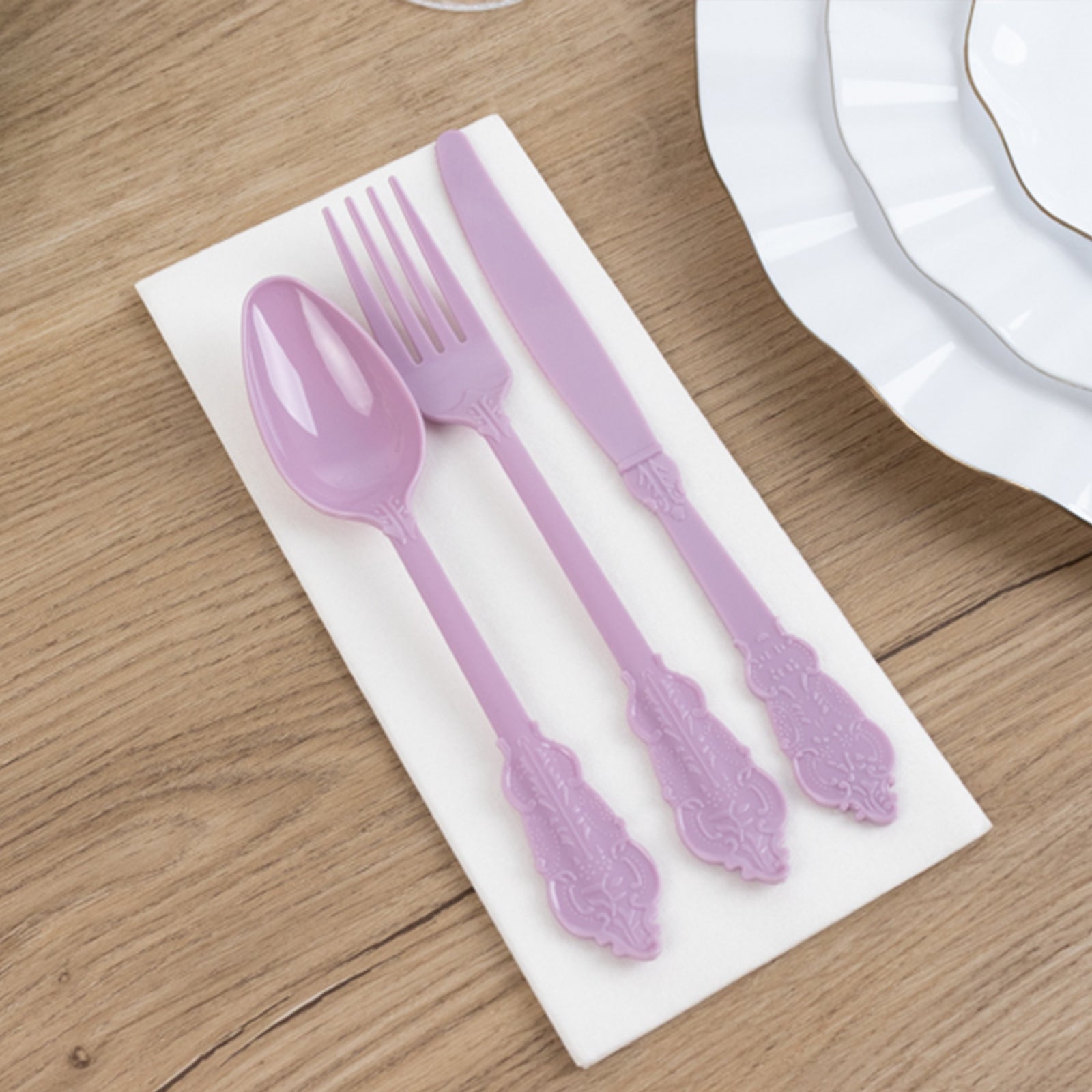 72 Pcs Plastic Silverware Set in Baroque Style Lavender Lilac - Heavy Duty Disposable Knife, Fork, and Spoon Set