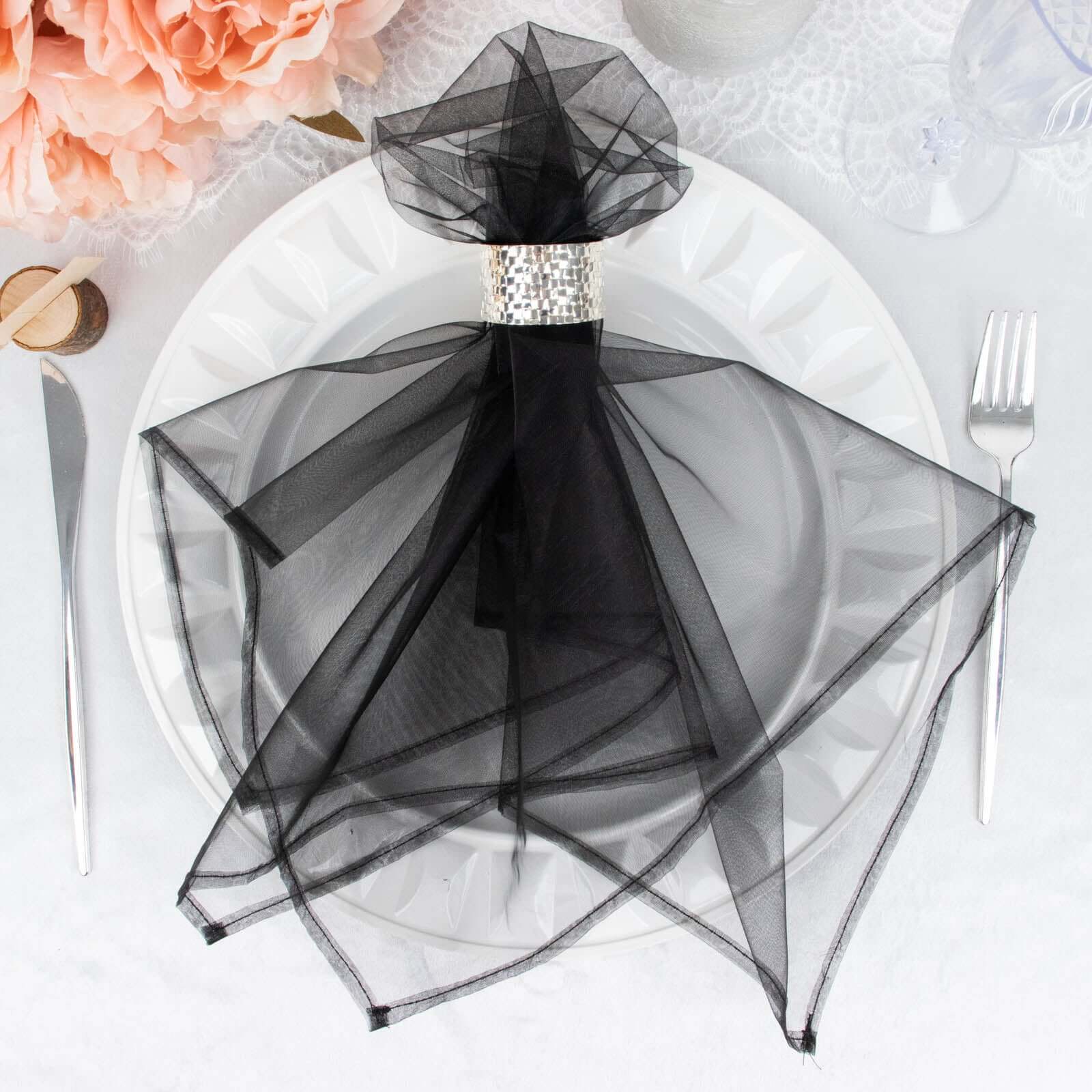 10 Pack Organza 23x23 Napkins Black - Sheer Cloth Napkins