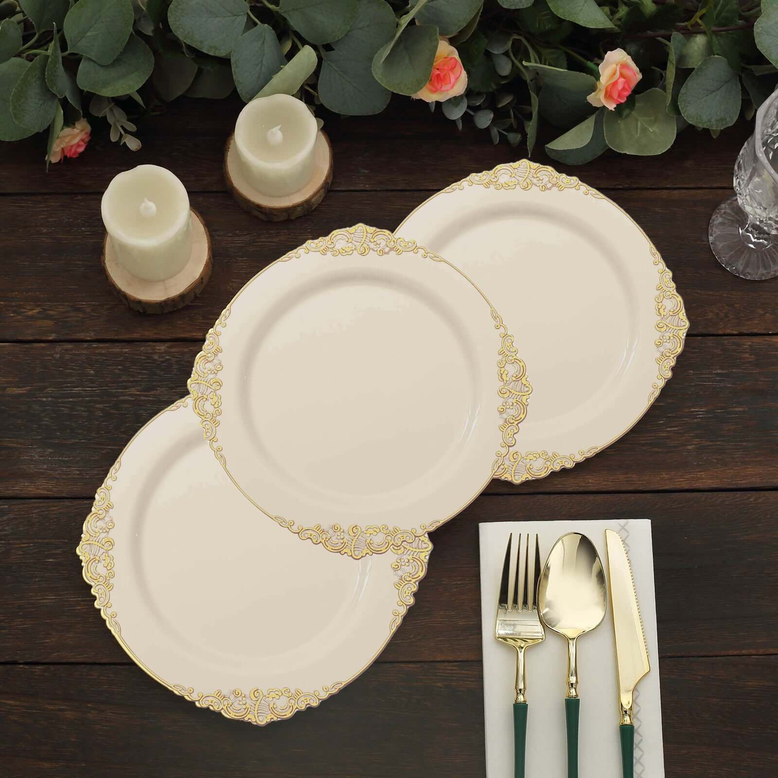 10-Pack Plastic 8 Round Dessert Plates in Ivory with Gold Leaf Embossed Rim - Disposable Vintage Baroque Style Salad Plates