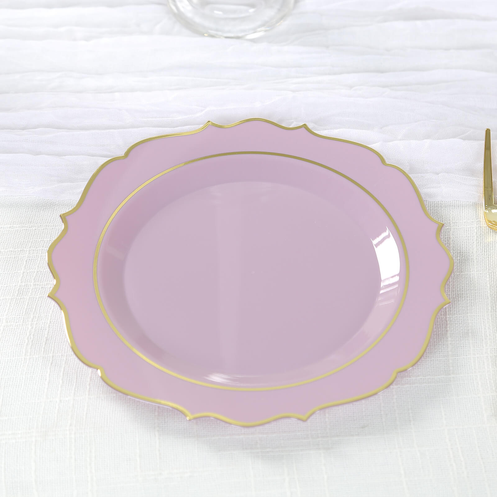 10-Pack Plastic 8 Round Desert Plates in Lavender Lilac with Gold Scalloped Rim - Disposable Appetizer/Salad Plates