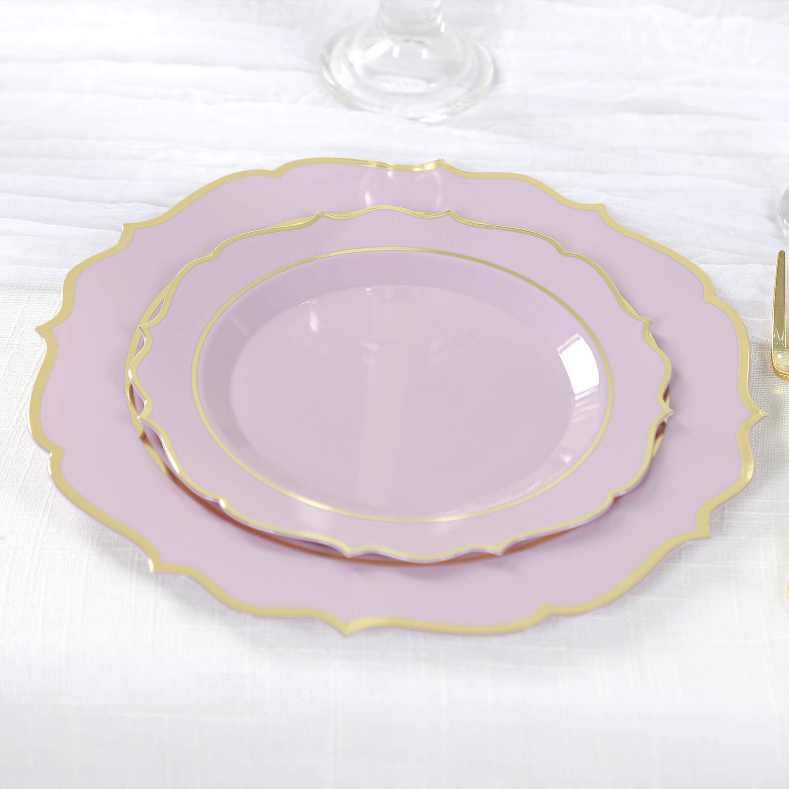 10-Pack Plastic 8 Round Desert Plates in Lavender Lilac with Gold Scalloped Rim - Disposable Appetizer/Salad Plates