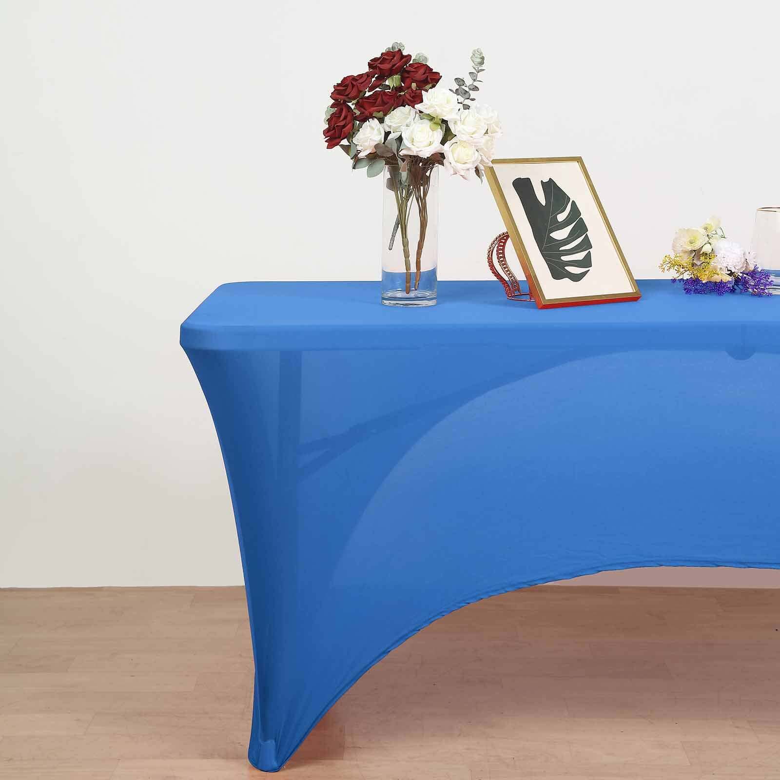 Stretch Spandex 72x30 Rectangular Table Cover Royal Blue with Curved Open Back Design Tailored Professional Look