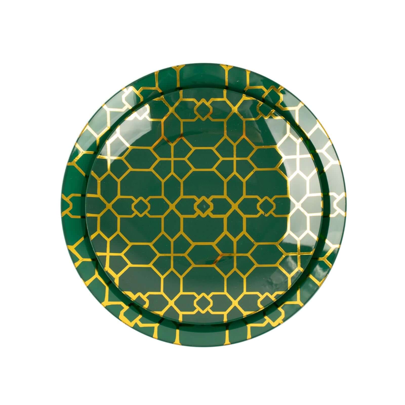 20-Pack Set Plastic Round Dinner and Salad Plates in Hunter Emerald Green with Geometric Gold Print - Modern Disposable Dinnerware Set for Weddings & Celebrations 9, 7