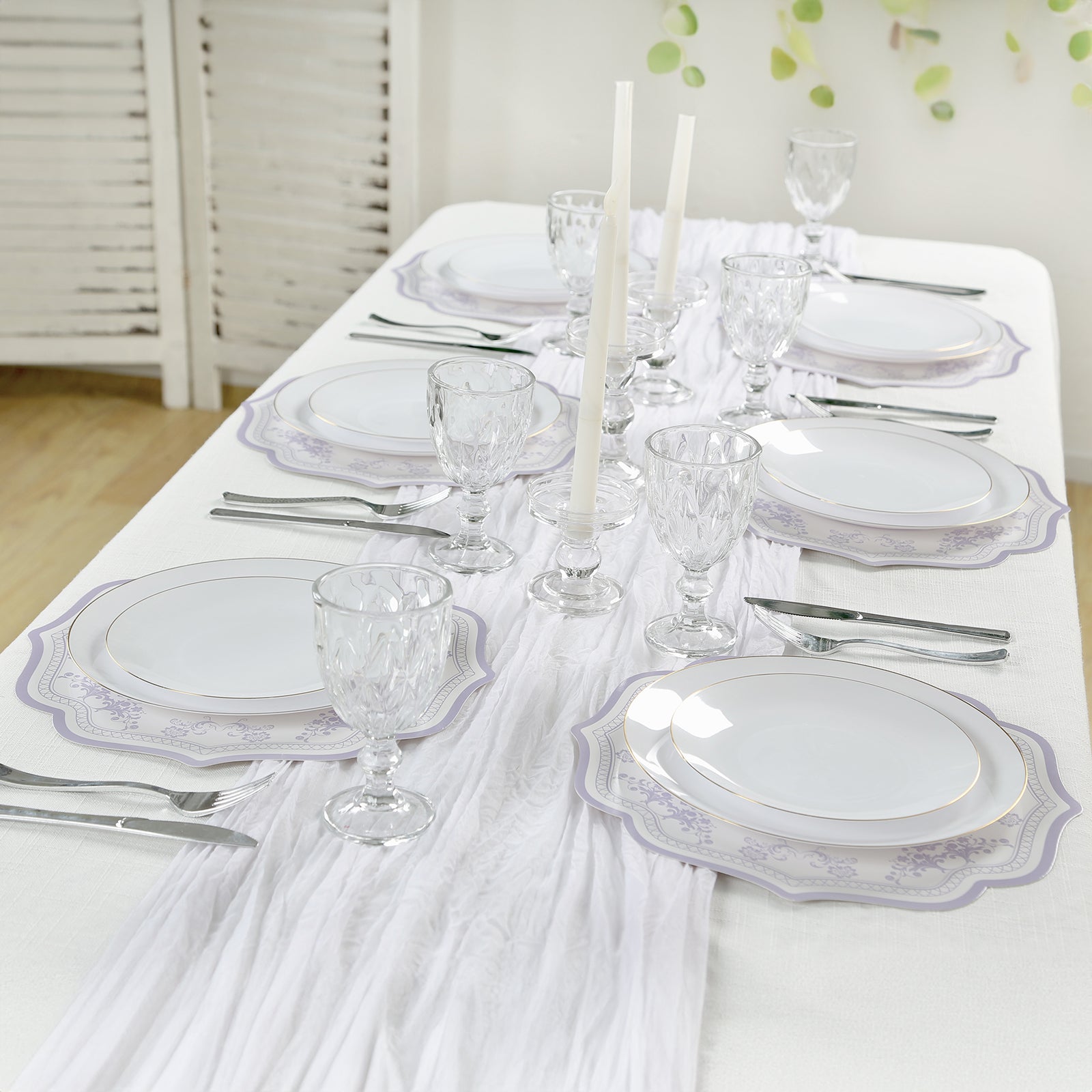 10-Pack Disposable Table Placemats 13 Round Placemats in White with Lavender French Toile Pattern & Scalloped Rim - 400GSM Cardboard Placemats for Stylish Table Setting