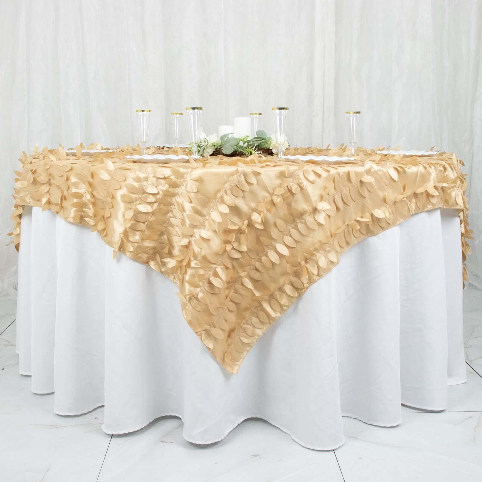 Taffeta 72x72 Table Overlay Square Tablecloth Champagne - 3D Leaf Petal Table Cover