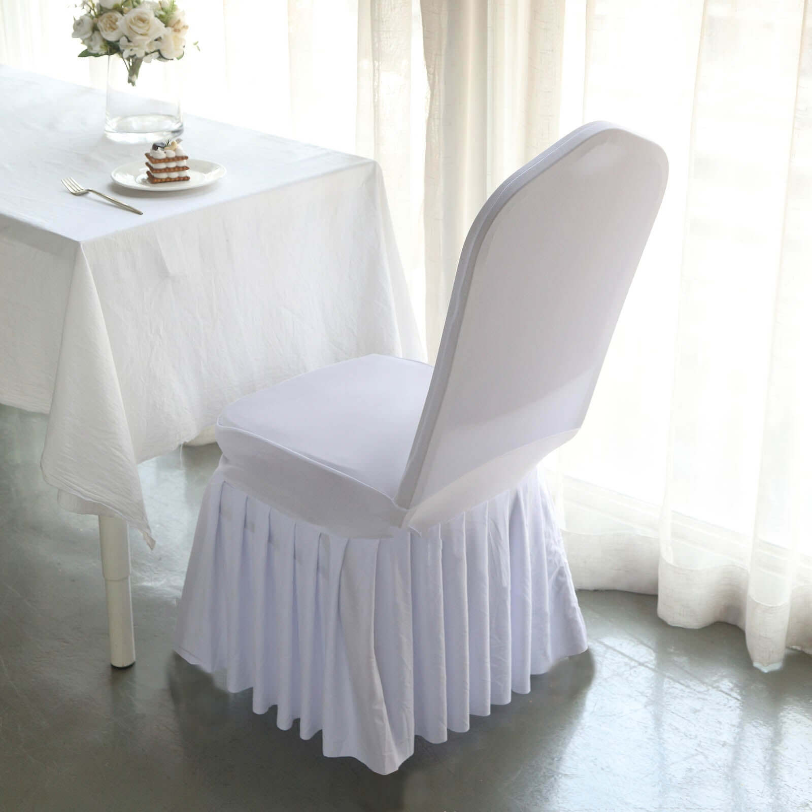 Spandex Chair Cover with Ruffle Pleated Skirt for Banquet Chairs White - Stylish 1-Piece Stretch Fitted Design