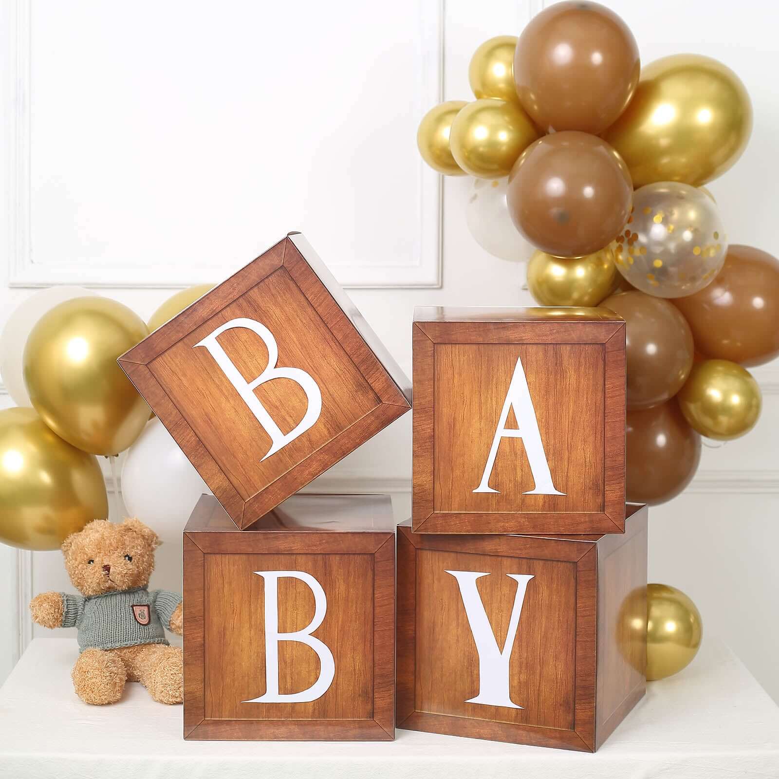 4 Pack Wood Grain Brown Boho Design DIY Prop Balloon Boxes, Gender Neutral Baby Shower Party Decorations