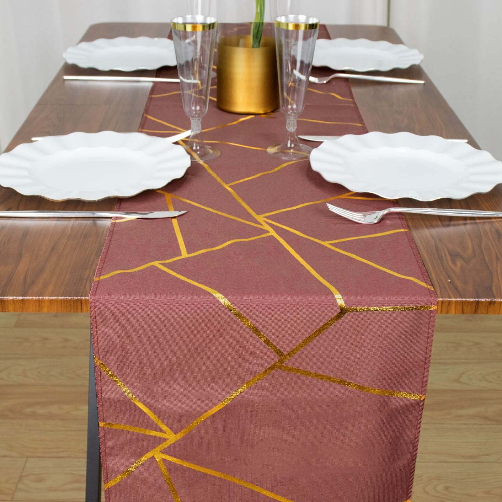 Polyester 9ft Table Runner Cinnamon Rose with Gold Foil Modern Geometric Accent