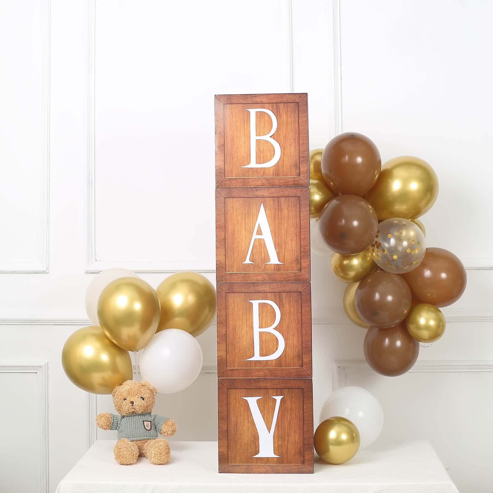 4 Pack Wood Grain Brown Boho Design DIY Prop Balloon Boxes, Gender Neutral Baby Shower Party Decorations