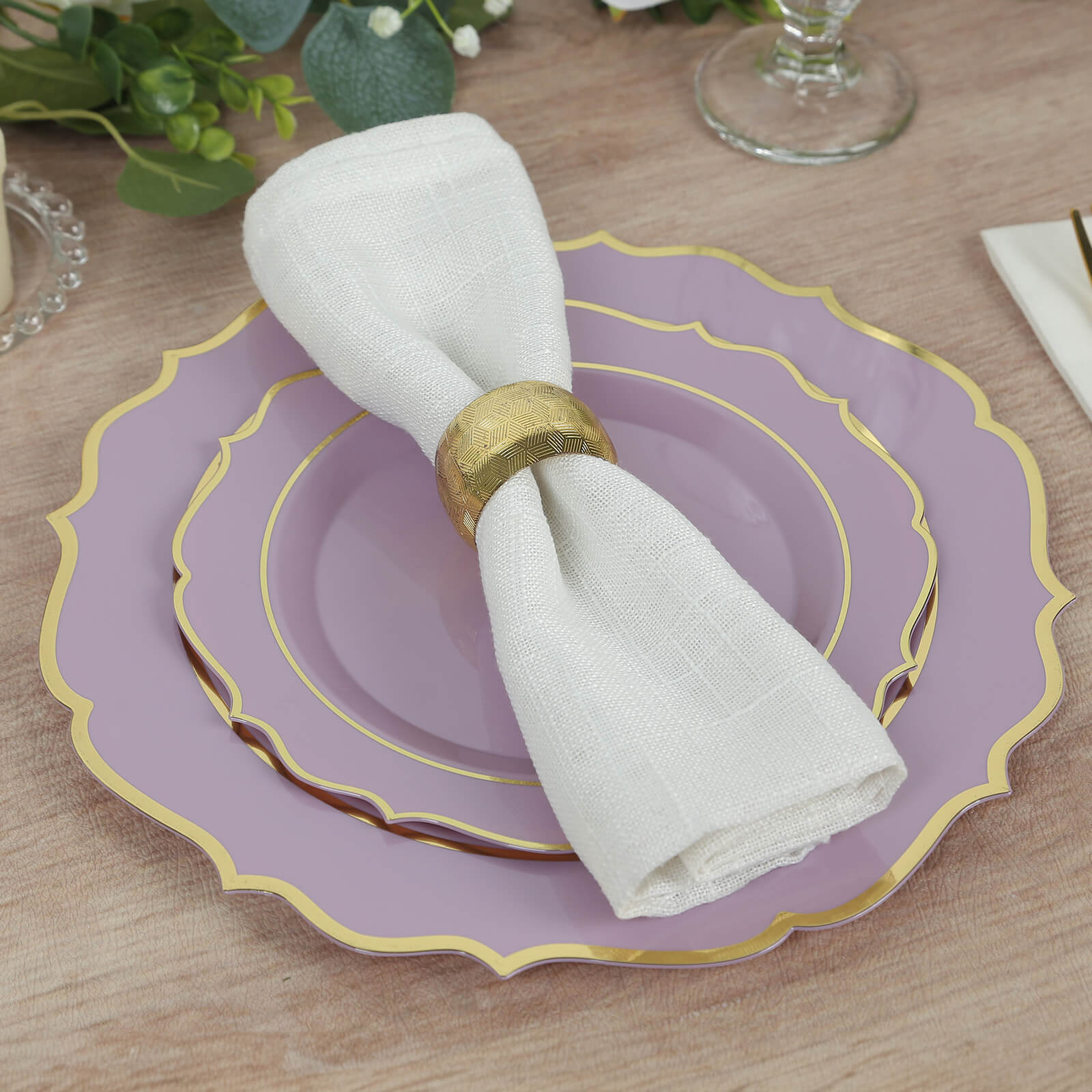 10-Pack Plastic 8 Round Desert Plates in Lavender Lilac with Gold Scalloped Rim - Disposable Appetizer/Salad Plates