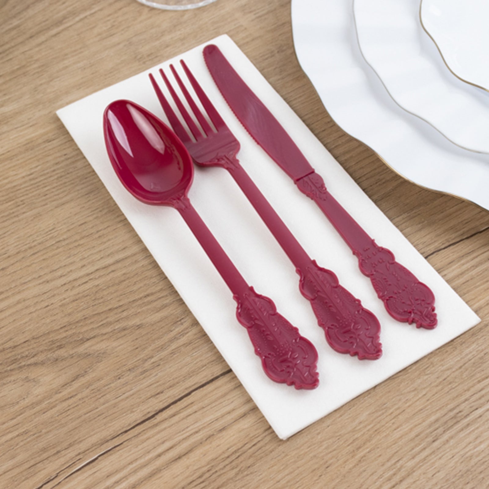 72 Pcs Plastic Silverware Set in Baroque Style Burgundy - Heavy Duty Disposable Knife, Fork, and Spoon Set