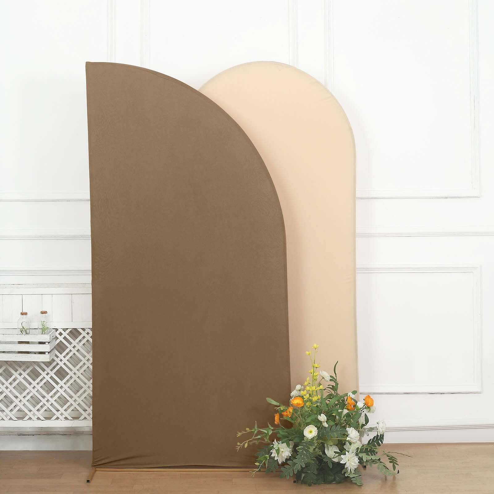 7ft Matte Taupe Spandex Half Moon Chiara Backdrop Stand Cover, Custom Fitted Wedding Arch Cover