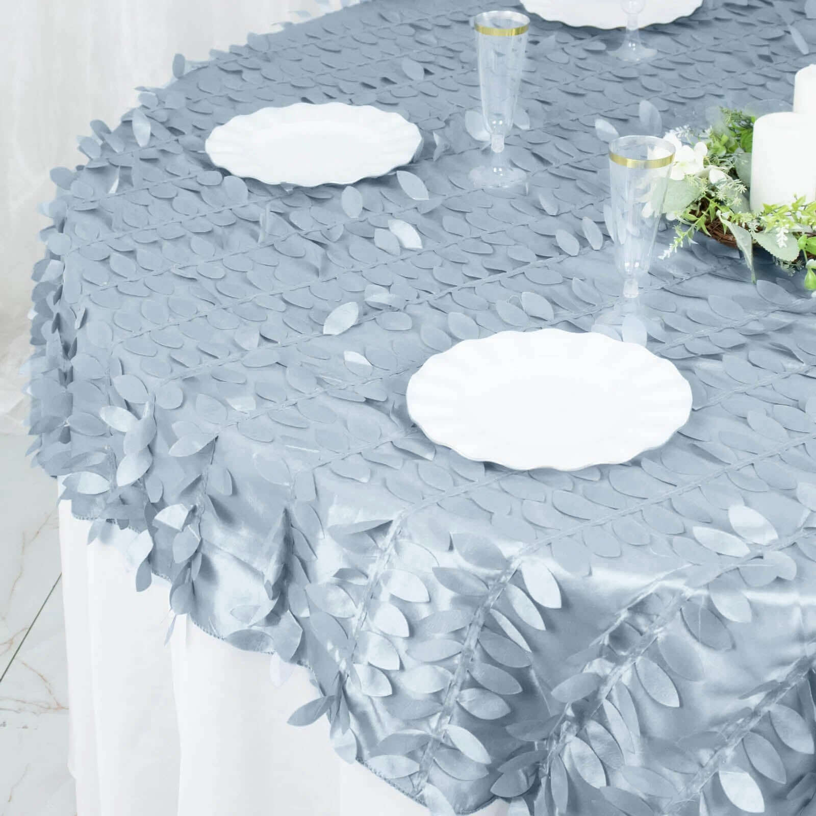 Taffeta 72x72 Table Overlay Square Tablecloth Dusty Blue - 3D Leaf Petal Table Cover