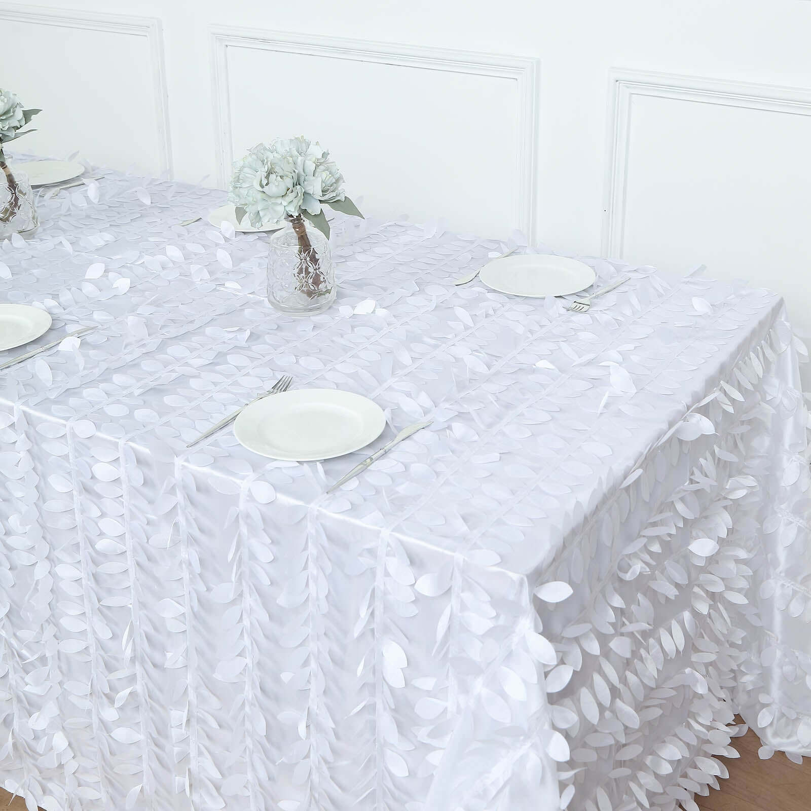 Taffeta 90x156 Rectangle Tablecloth White | 3D Leaf Petal Design Seamless Table Cover for Stylish Wedding & Event Decor