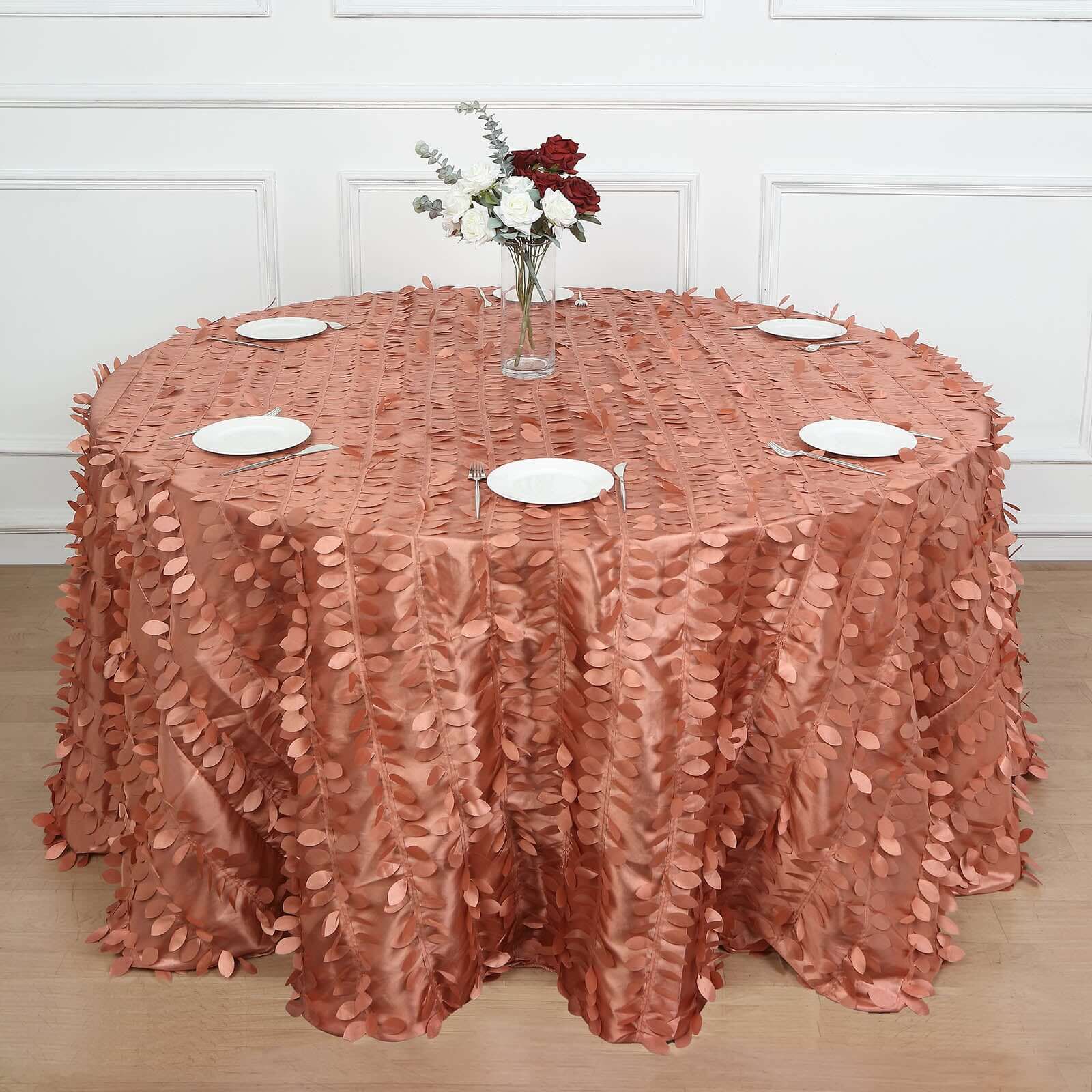 Taffeta 132 Round Tablecloth Terracotta (Rust) Leaf | 3D Leaf Petal Design Seamless Table Cover