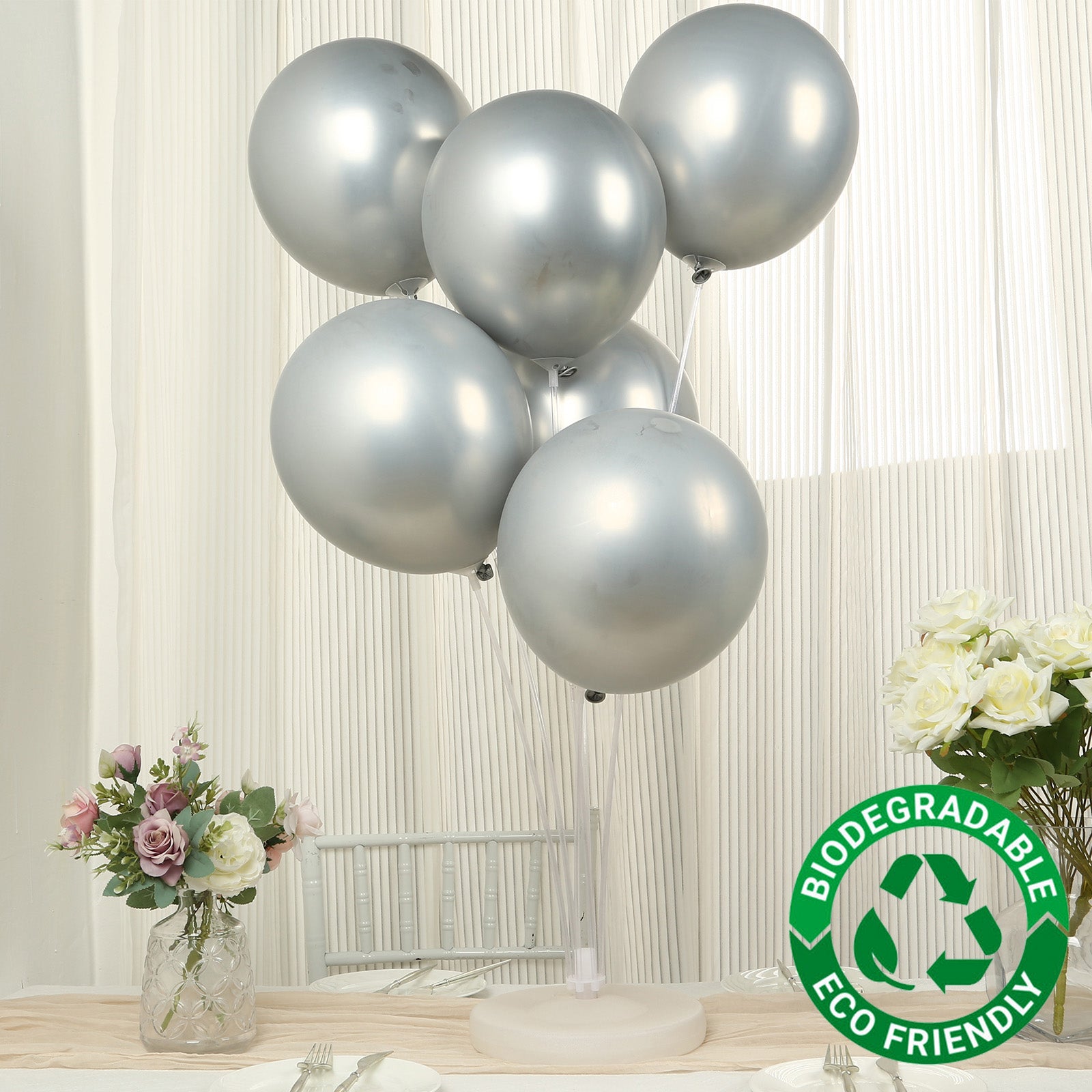 50 Pack Chrome Silver Biodegradable Latex Balloons 12, Thick Eco Friendly Metallic Party Balloons