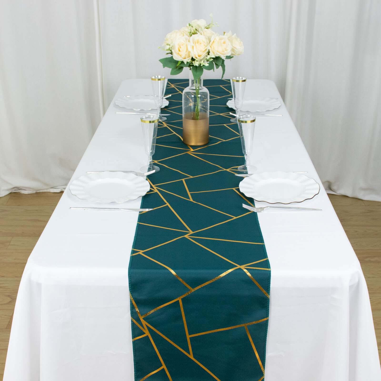 Polyester 9ft Table Runner Peacock Teal with Gold Foil Modern Geometric Accent