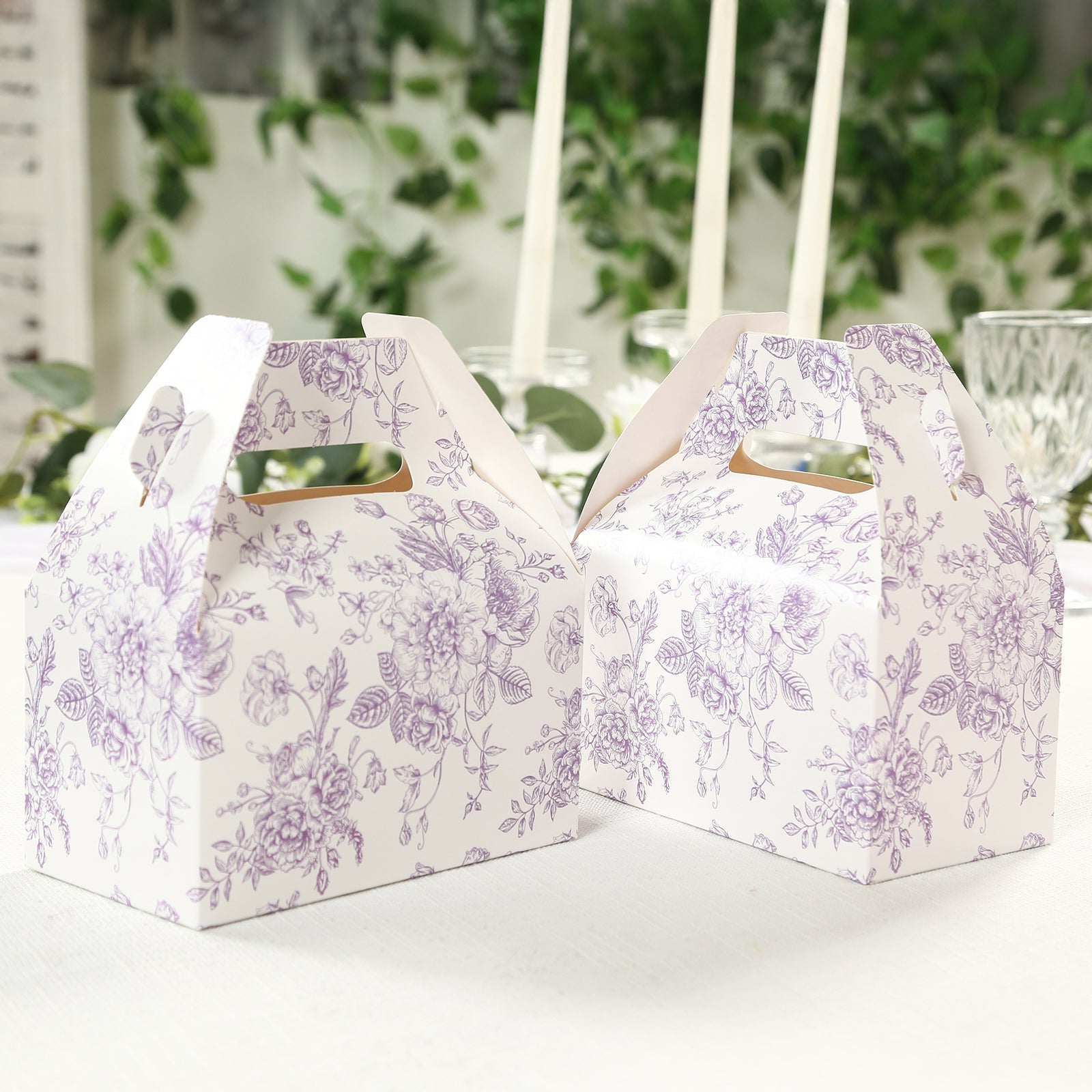 25 Pack Candy Treat Tote Boxes in French Toile Pattern - Matte Lavender and White Party Favor Gable Boxes, Cardstock Paper - 6x3.5x7