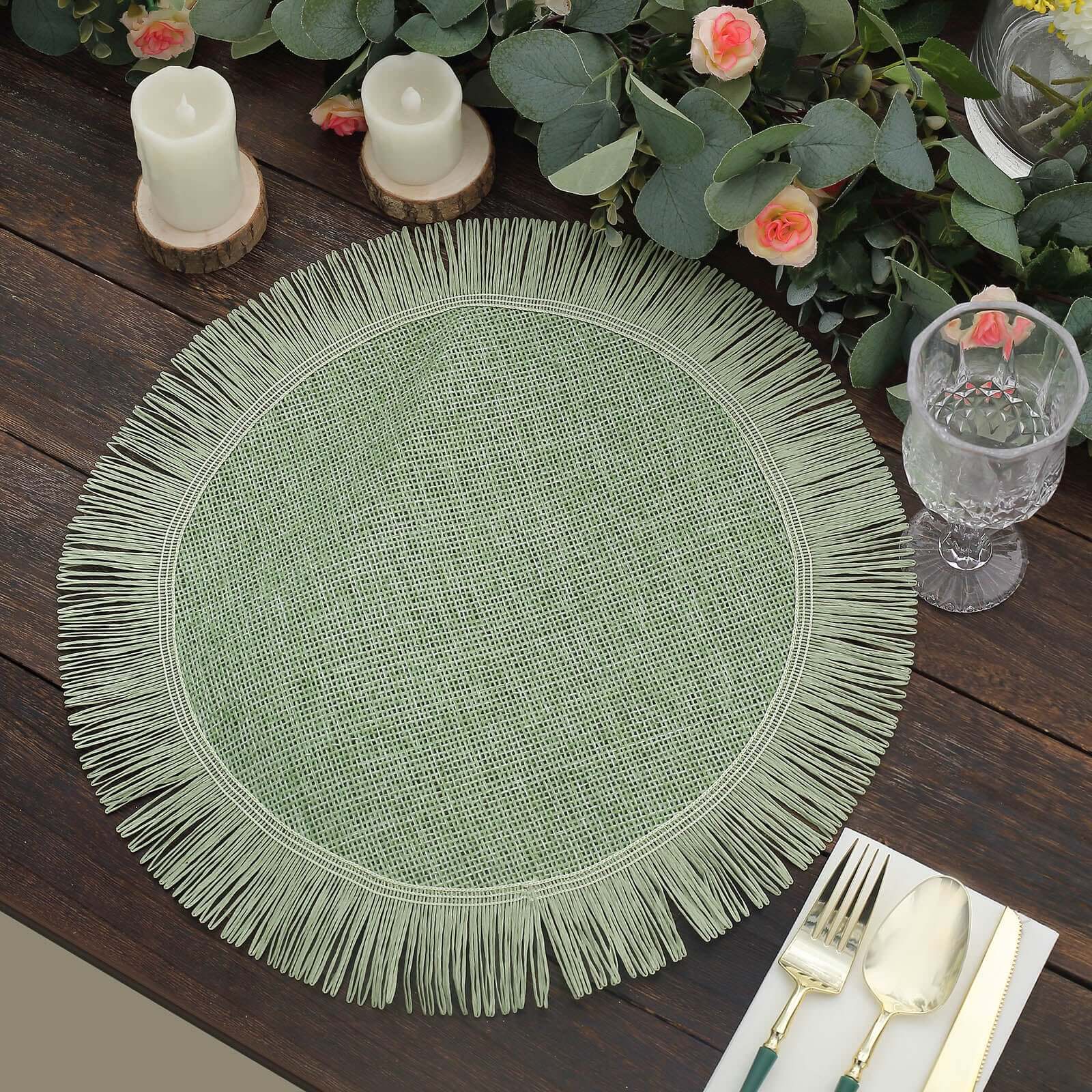 4-Pack Placemats Fringe Edge Design Sage Green Jute Round - Rustic Boho Chic Burlap Table Decor 16