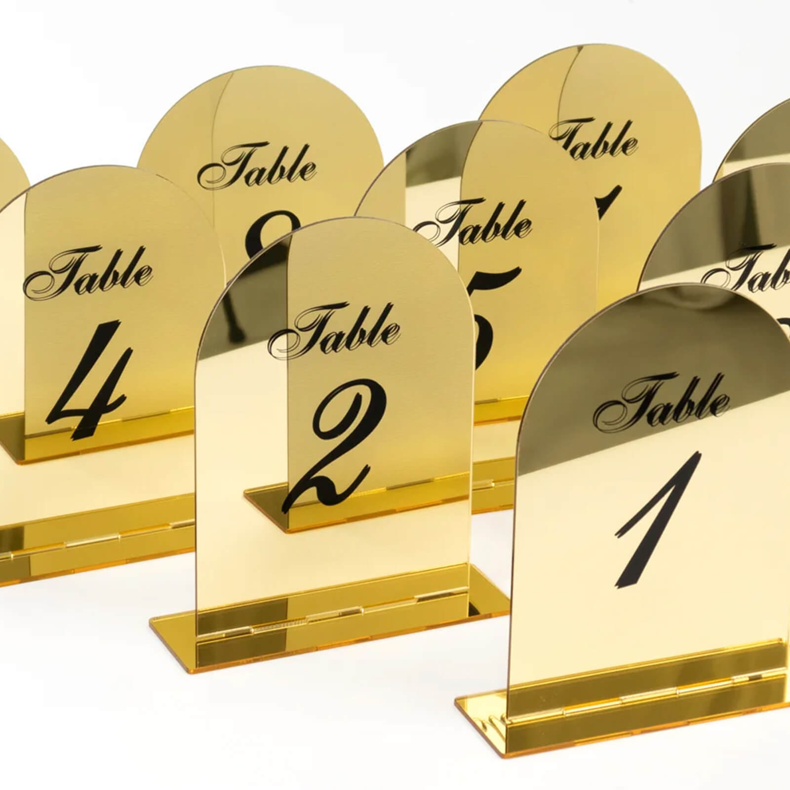 Gold Mirror Arch Acrylic Table Numbers (1-10) - 6x7 Wedding Reception Signs with Black Print & Stands