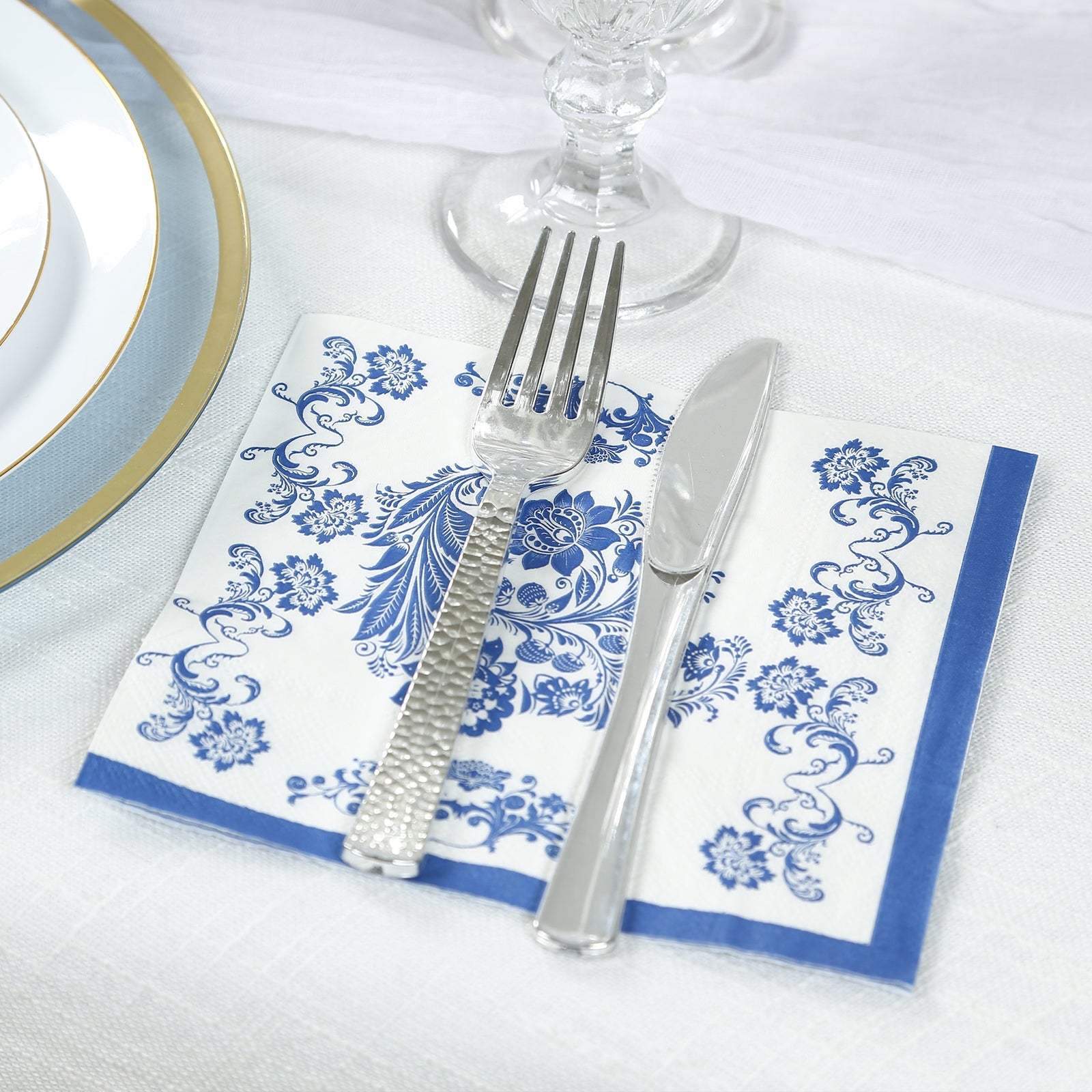 50 Pack 2-Ply Paper Beverage Napkins in White Royal Blue Damask Pattern, Disposable Cocktail Napkins - Highly Absorbent & Soft