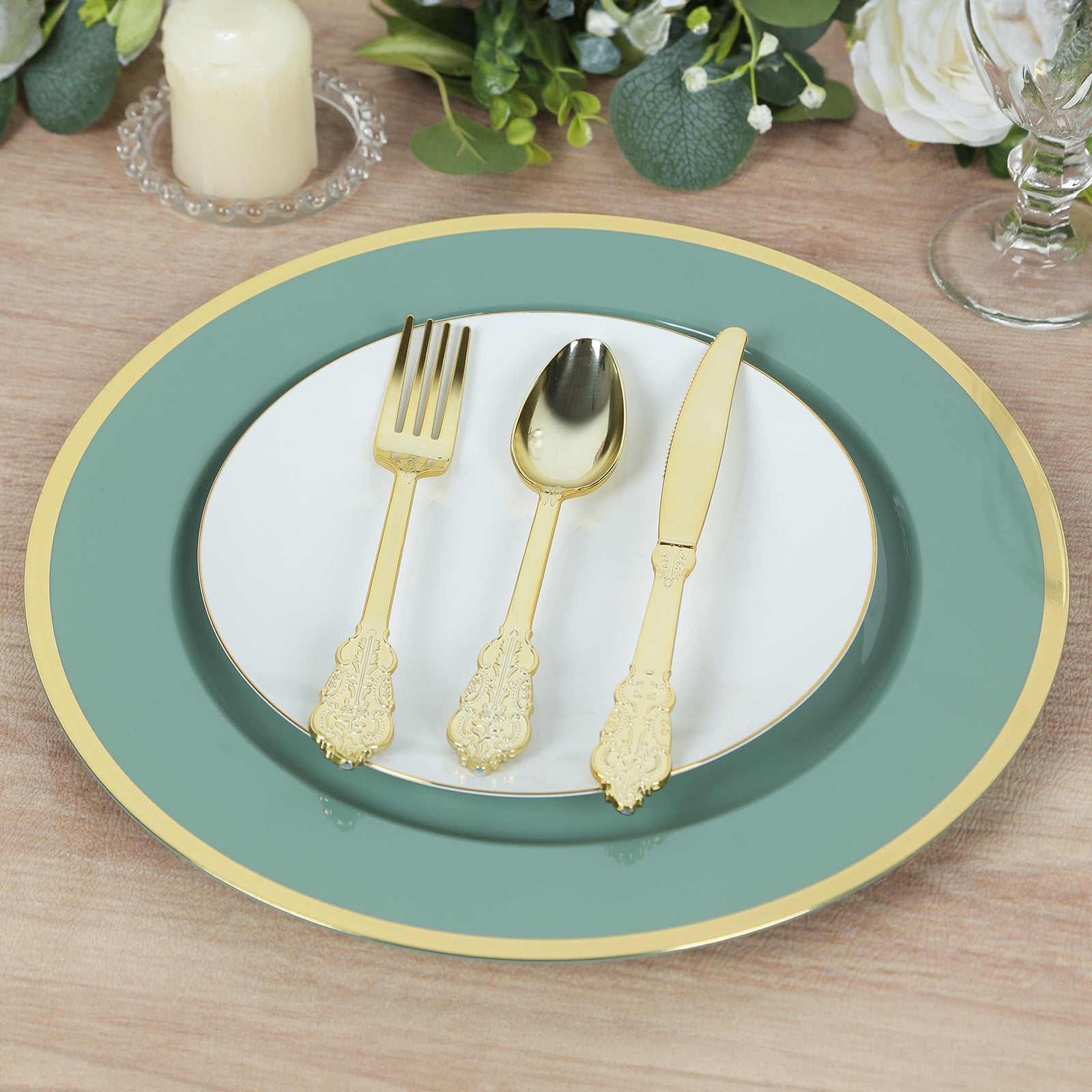 10-Pack Economy Plastic Round Charger Plates 12 in Dusty Sage Green with Wide Gold Rim, Decorative Dinner Party Serving Plates