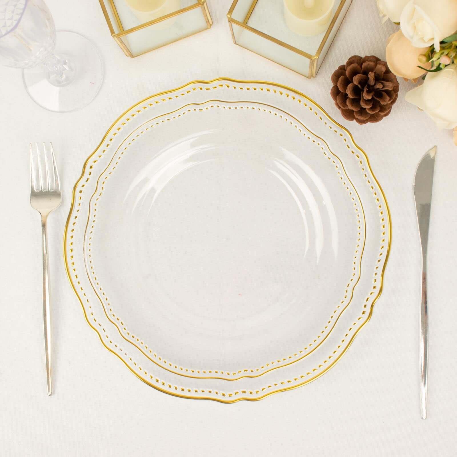 10-Pack Plastic Dinner Plates in Clear with Gold Scalloped Rim - Disposable Party Plates 9