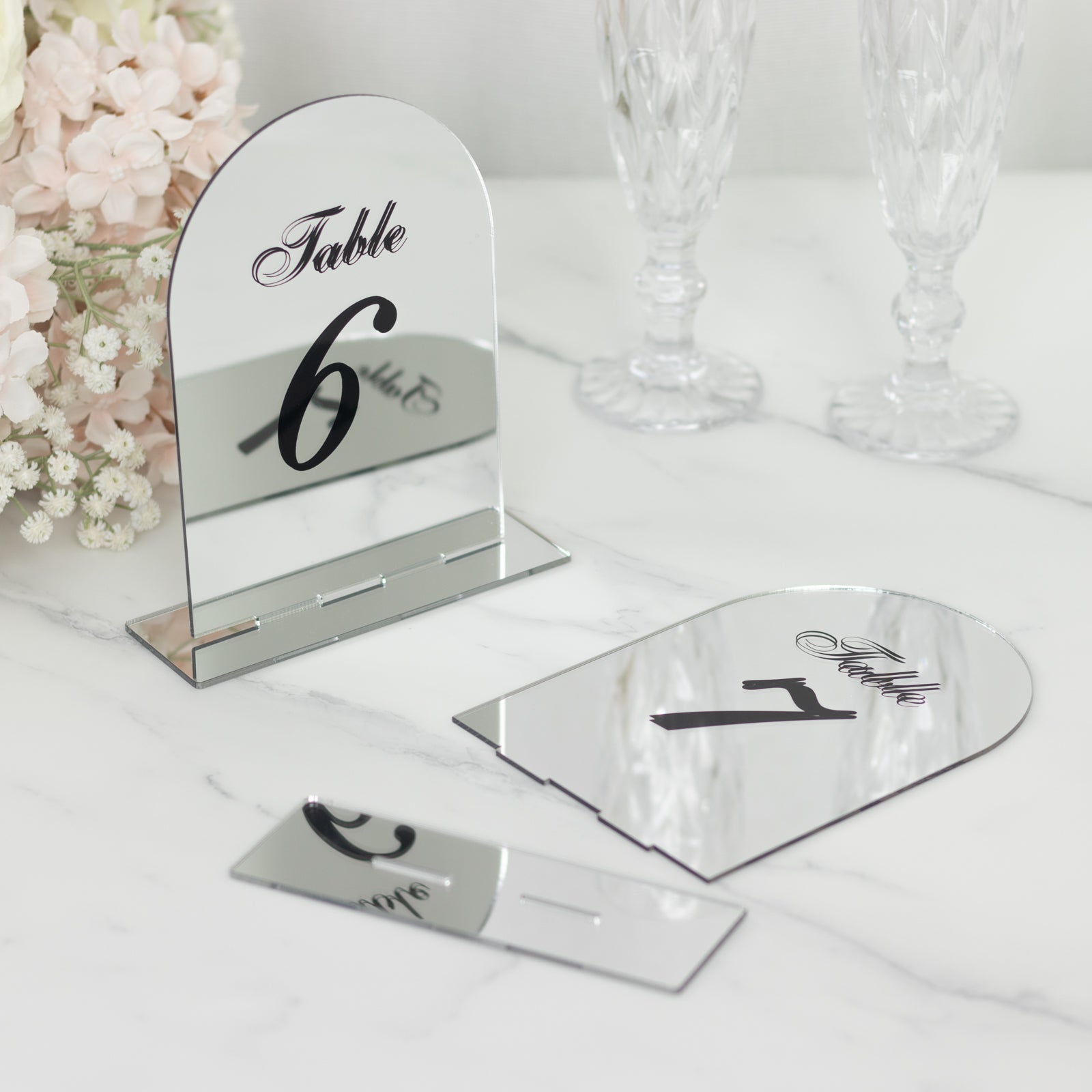 Silver Mirror Arch Acrylic Table Numbers (1-10) - 6x7 Wedding Reception Signs with Black Print & Stands