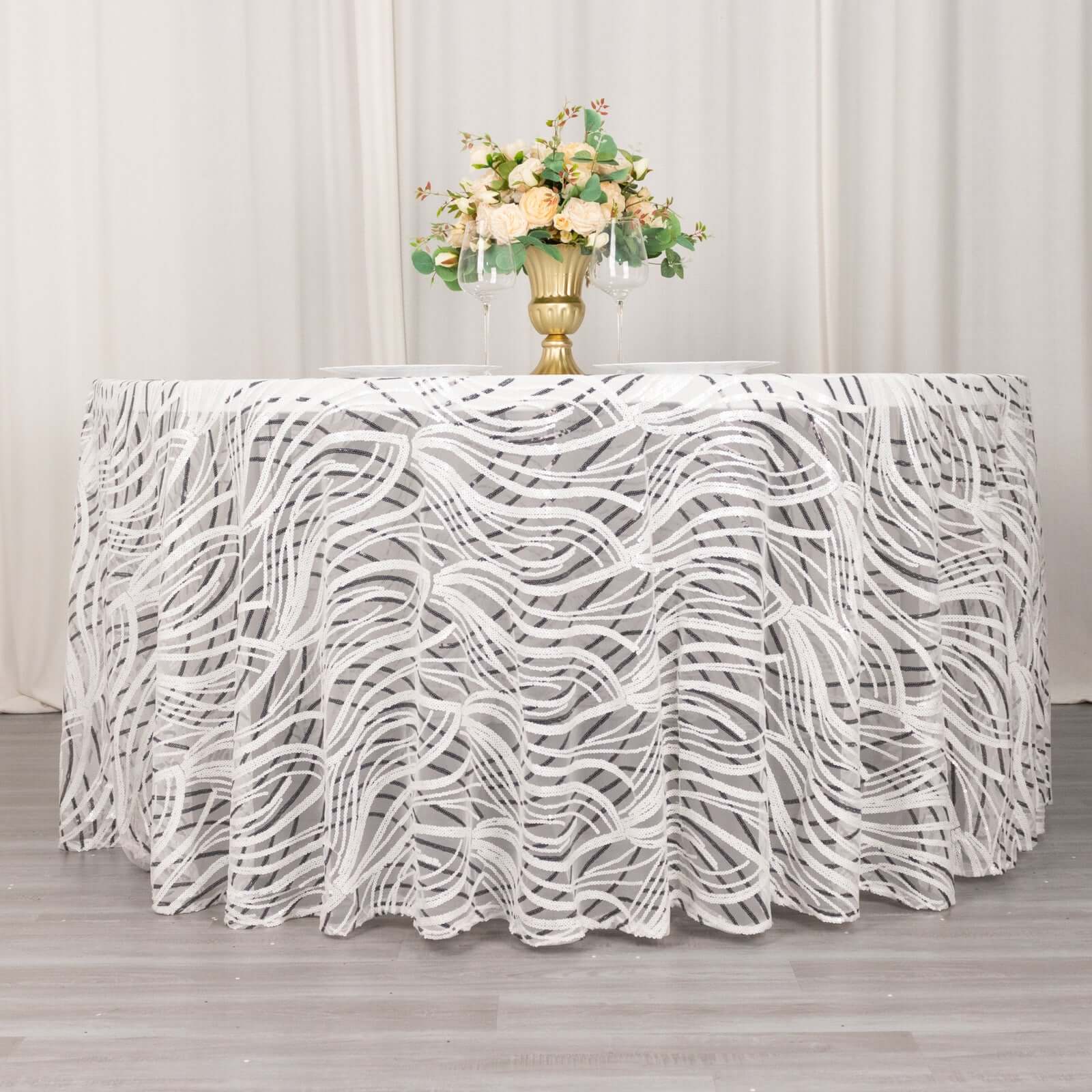 Sequin Mesh 120 Round Tablecloth White Black - Seamless Wave Embroidered Table Cover