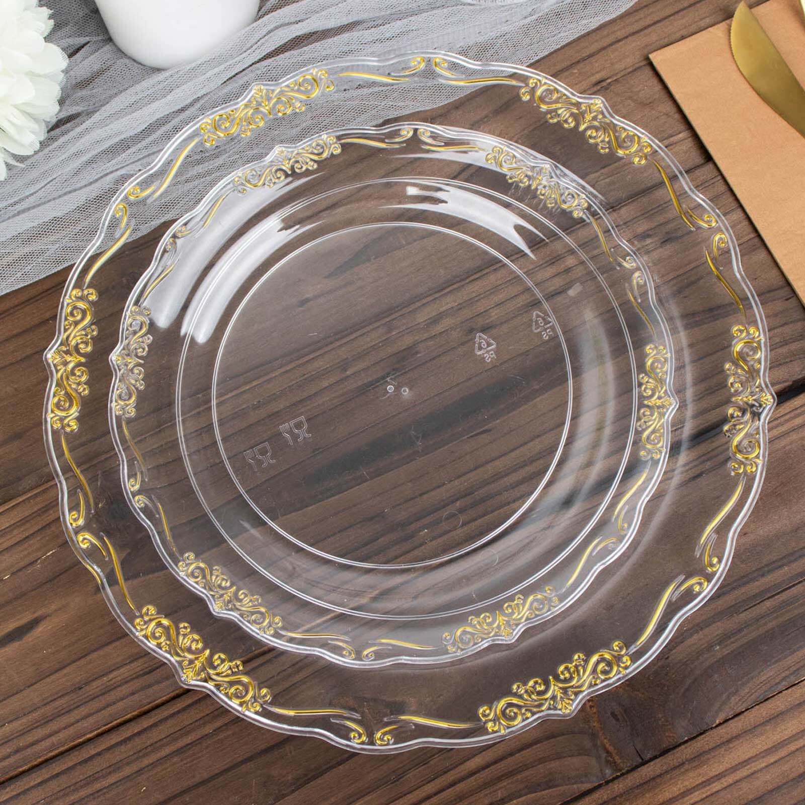 10-Pack Plastic 7 Round Dessert Plates in Clear with Gold Vintage Embossed Rim - Sturdy Disposable Scalloped Edge Salad Plates for Sophisticated Events & Celebrations