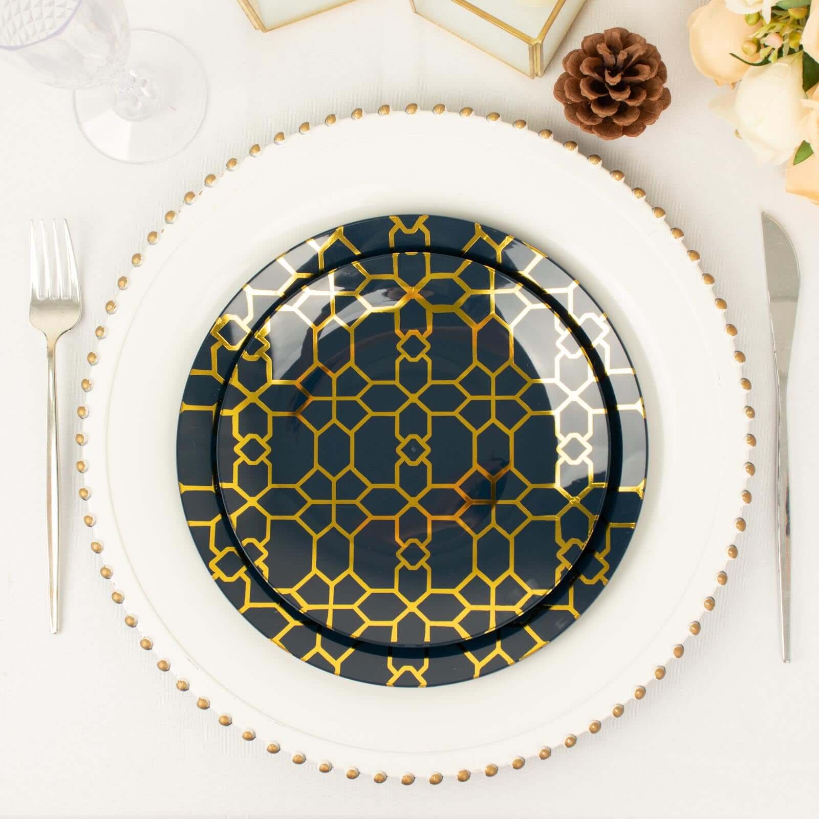 20-Pack Set Plastic Round Dinner and Salad Plates in Navy Blue with Geometric Gold Print - Modern Disposable Dinnerware Set for Weddings & Celebrations 9, 7