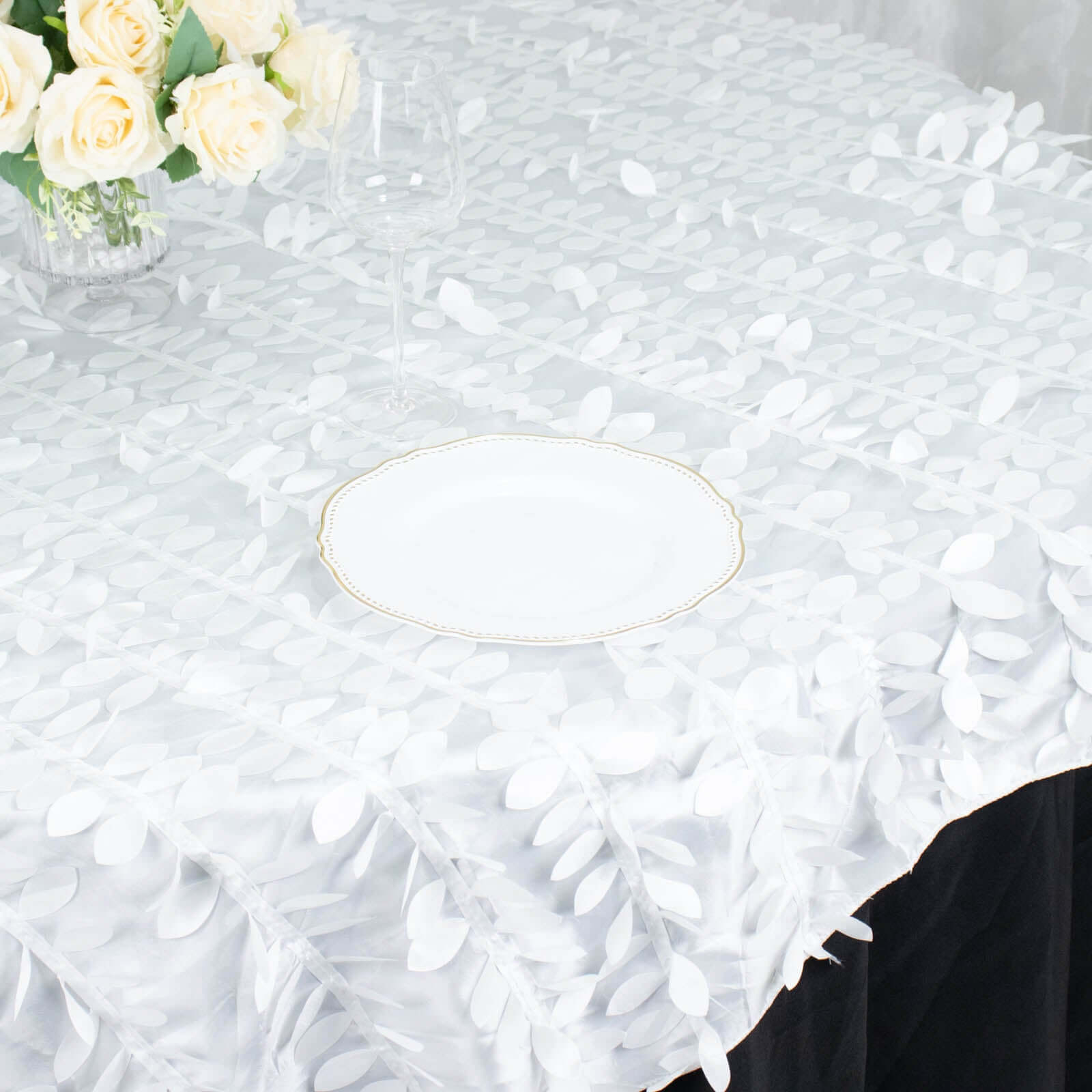 Taffeta 72x72 Table Overlay Square Tablecloth White 3D Leaf Petal Design for Stylish Celebrations