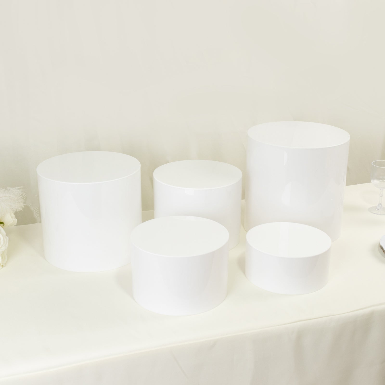 Set of 5 Acrylic Cake Stands Cylinder Design Round White - Display Risers for Events 4, 6, 8, 10, 12