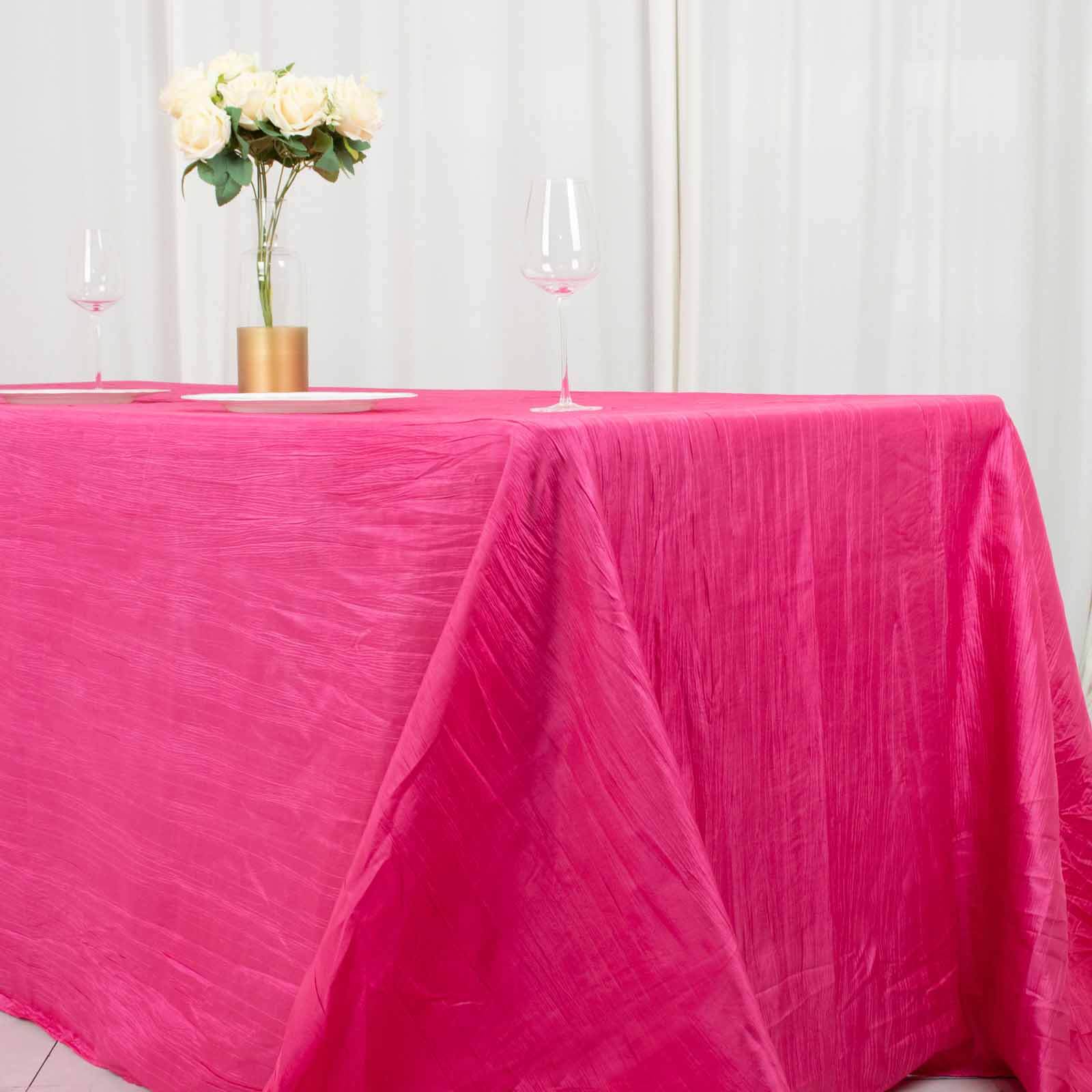 Taffeta 90x132 Rectangle Tablecloth Fuchsia - Seamless Accordion Crinkle Table Cover