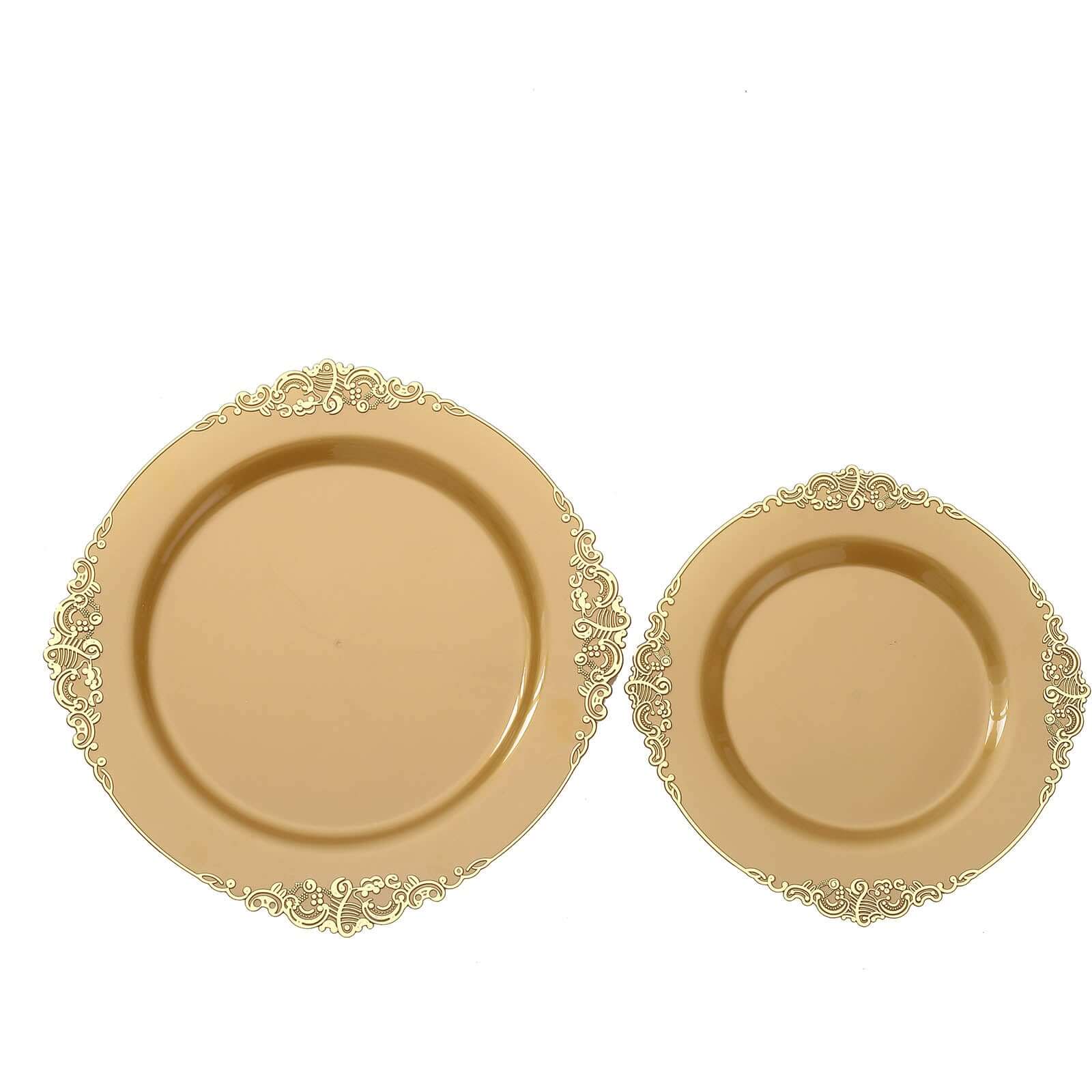 10-Pack Plastic 8 Round Dessert Plates in Gold with Leaf Embossed Rim - Disposable Vintage Baroque Style Salad Plates for Luxurious Gatherings & Events