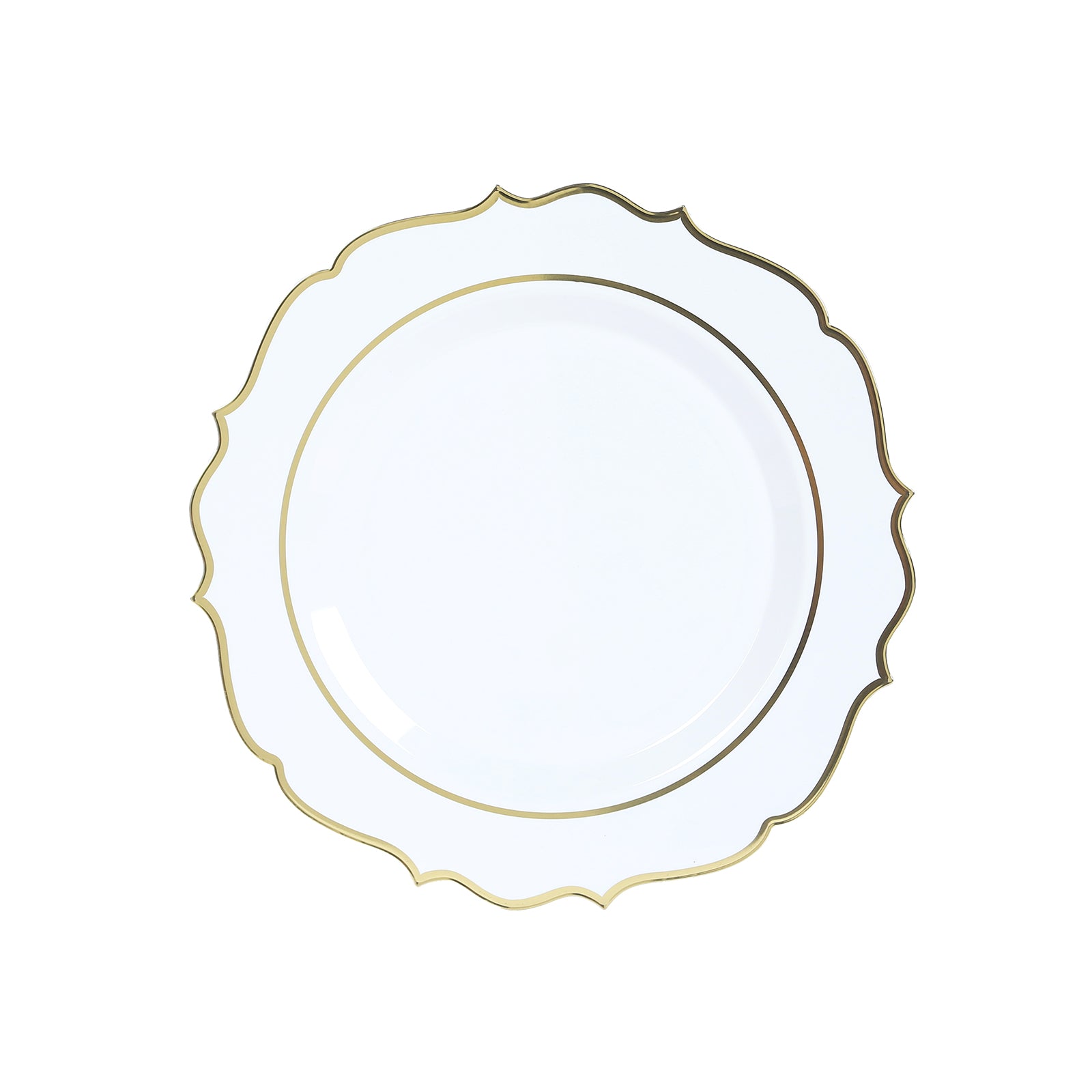 10-Pack Economy Plastic Round Charger Plates 13 in White with Gold Scalloped Rim, Decorative Dinner Party Serving Plates