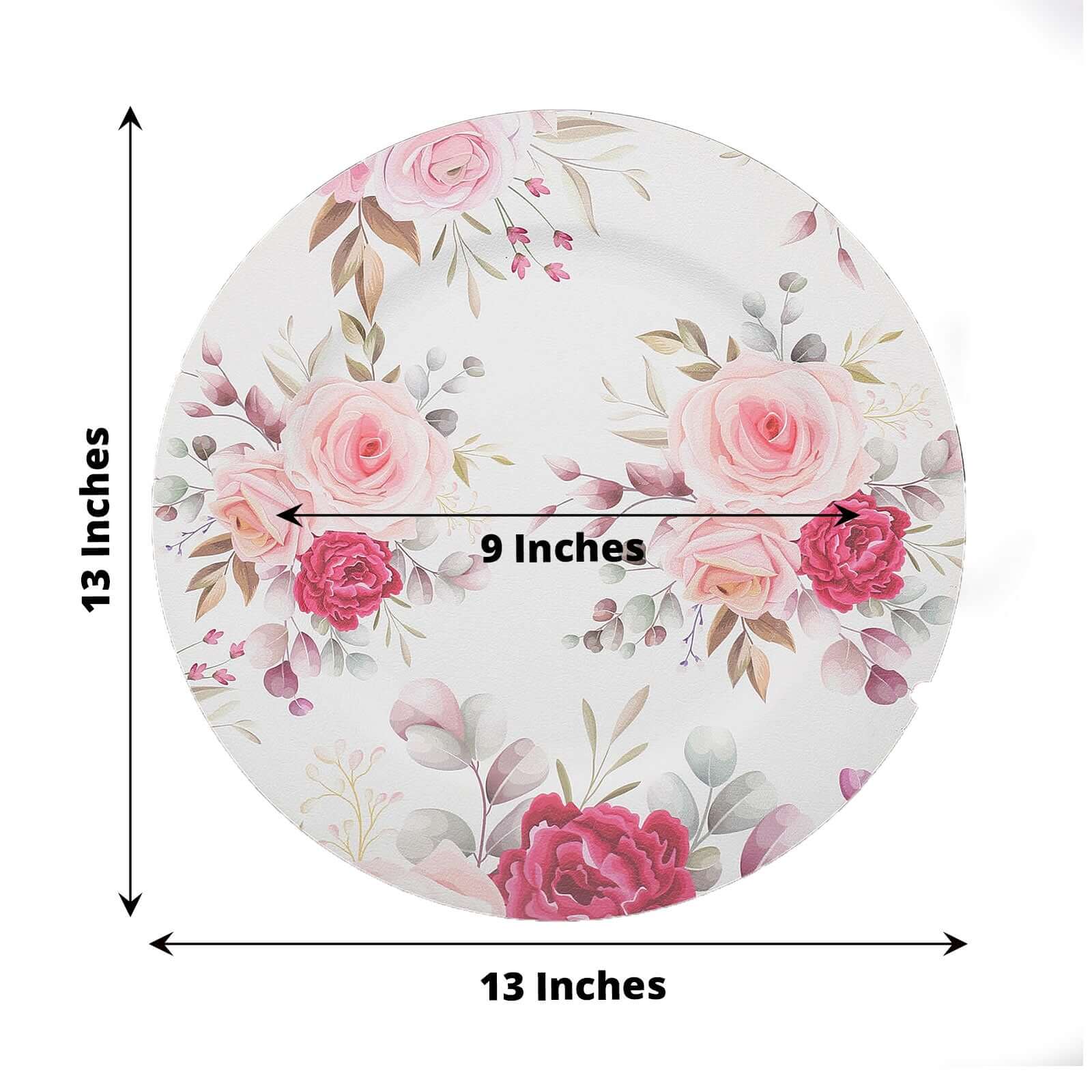 6-Pack Plastic Round Charger Plates 13 in White with Assorted Rose Floral Print, Decorative Dinner Party Charger Tableware