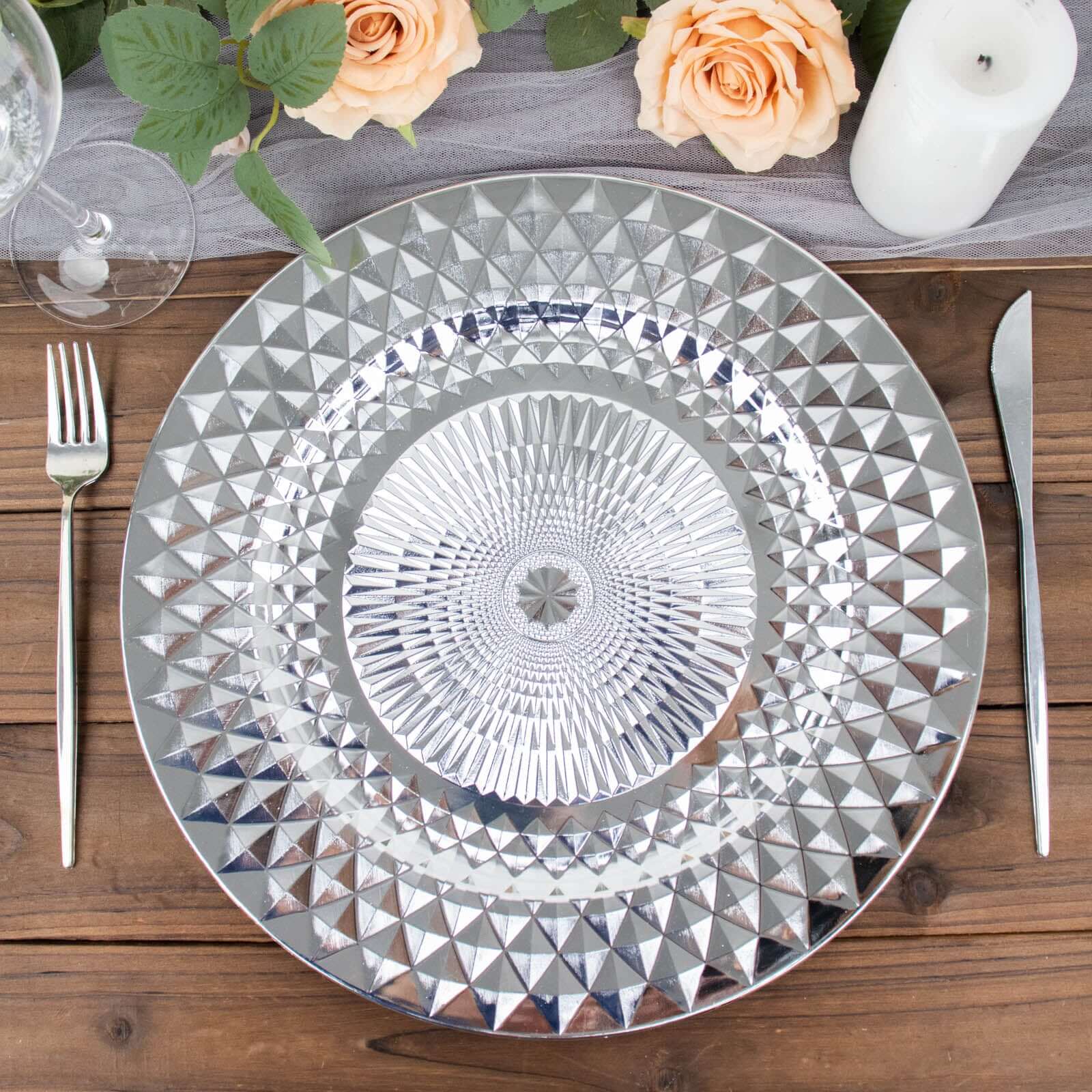 6-Pack Plastic Round Charger Plates 13 in Silver with Diamond Pattern, Sparkling Disposable Dinner Charger Tableware