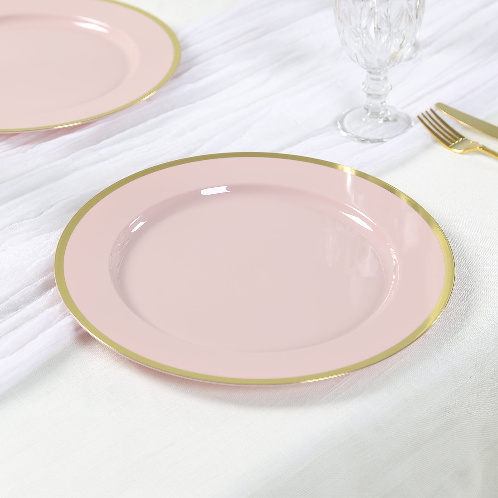 10-Pack Economy Plastic Round Charger Plates 12 in Blush with Wide Gold Rim, Decorative Dinner Party Serving Plates