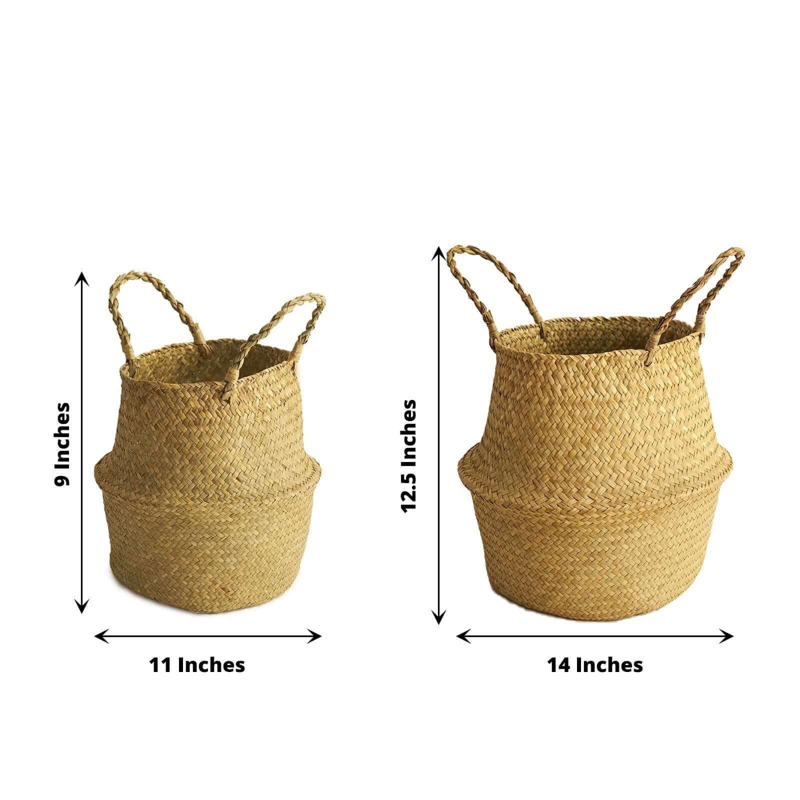 Set of 2 Woven Seagrass Plant Belly Baskets - Natural Handcrafted Braided Storage Wicker Bin Planter with Handles for Living Room Closet & Kitchen Organization