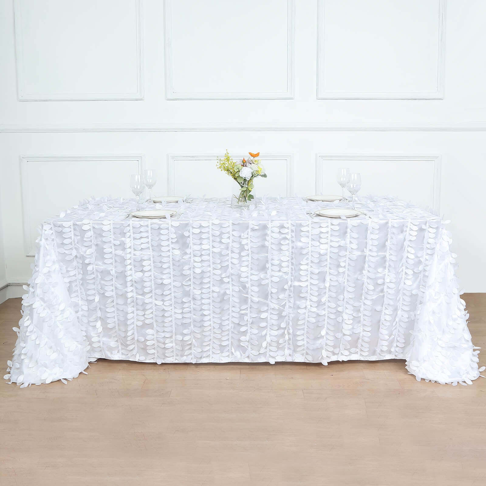 Taffeta 90x156 Rectangle Tablecloth White | 3D Leaf Petal Design Seamless Table Cover for Stylish Wedding & Event Decor