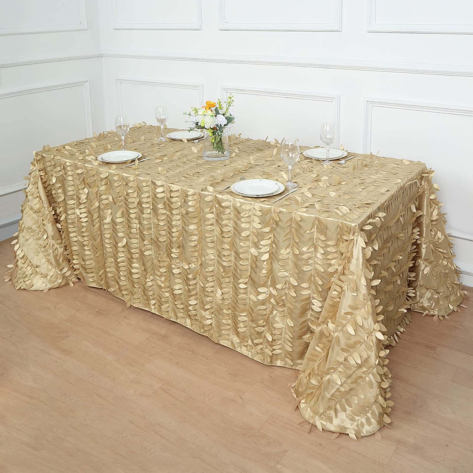 Taffeta 90x156 Rectangle Tablecloth Champagne | 3D Leaf Petal Design Seamless Table Cover