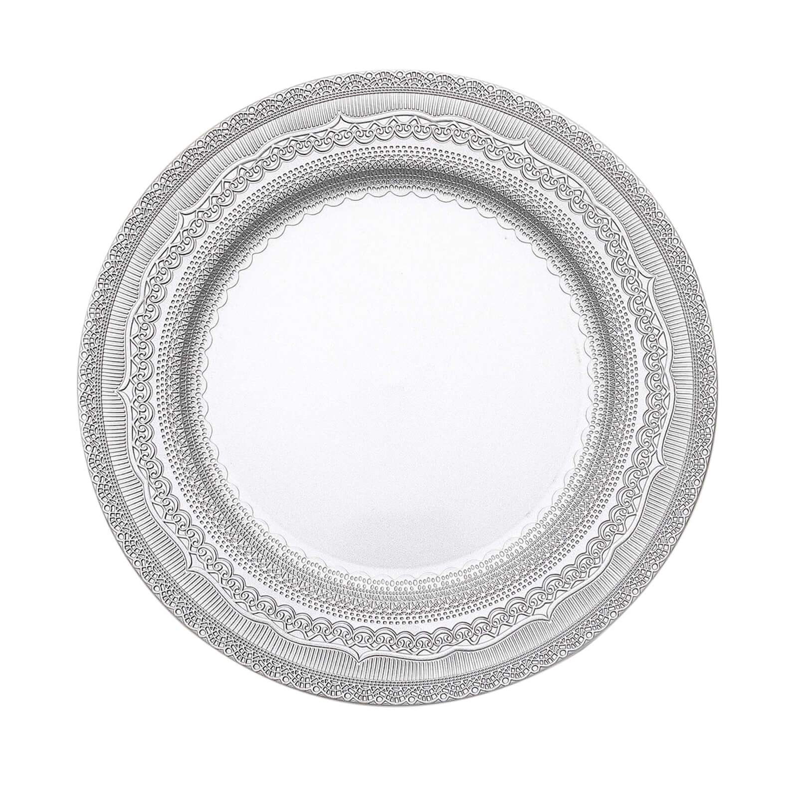 6-Pack Acrylic Round Charger Plates 13 in Silver with Lace Embossed Rim, Rustic Plastic Decorative Charger Tableware