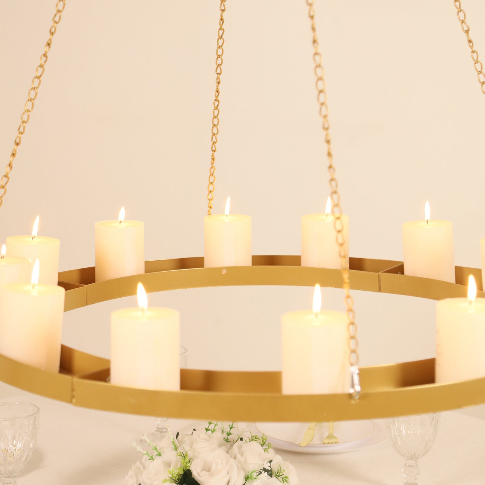 Gold Hanging Metal Floral Chandelier Frame - 32 Circular Lighting, Candle and Floral Display Base