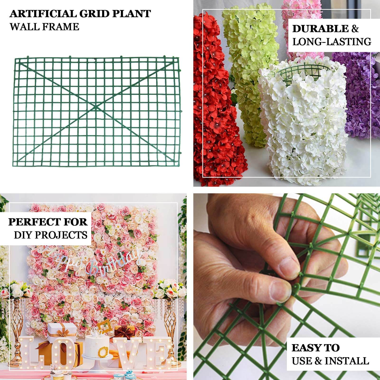 10 Pack 24x16 Dark Green Artificial Flower Wall Grid Panel Frames, DIY Plastic Mesh Plant Wall Backdrop Fences